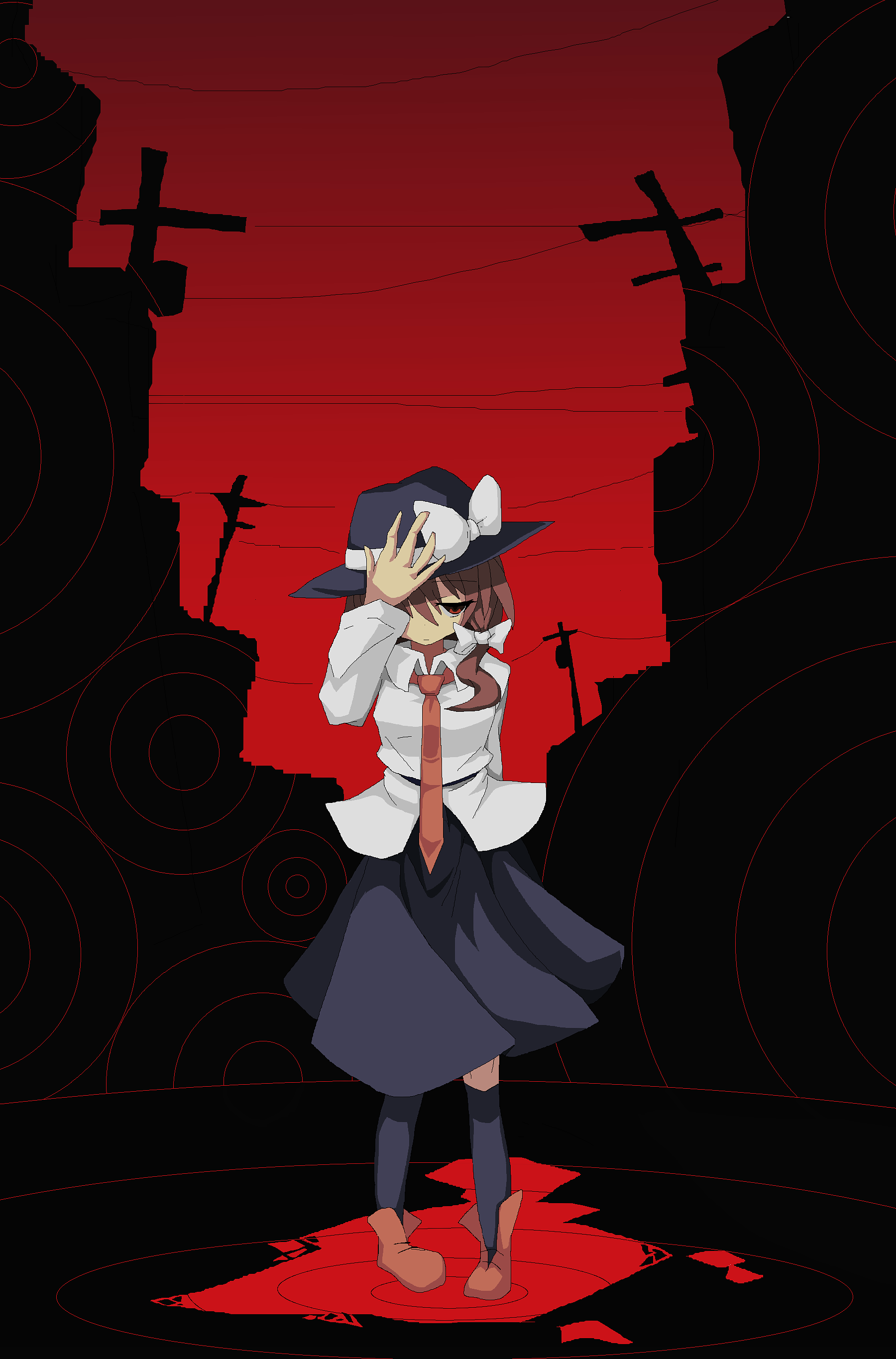 nagaresimasu, usami renko, touhou, absurdres, highres, 1girl, ambiguous red liquid, black skirt, black socks, brown eyes, brown hair, dark background, fedora, hair over one eye, hair ribbon, hat, necktie, power lines, red sky, ribbon, shirt, shockwave, shoes, skirt, sky, socks, solo, utility pole, white shirt
