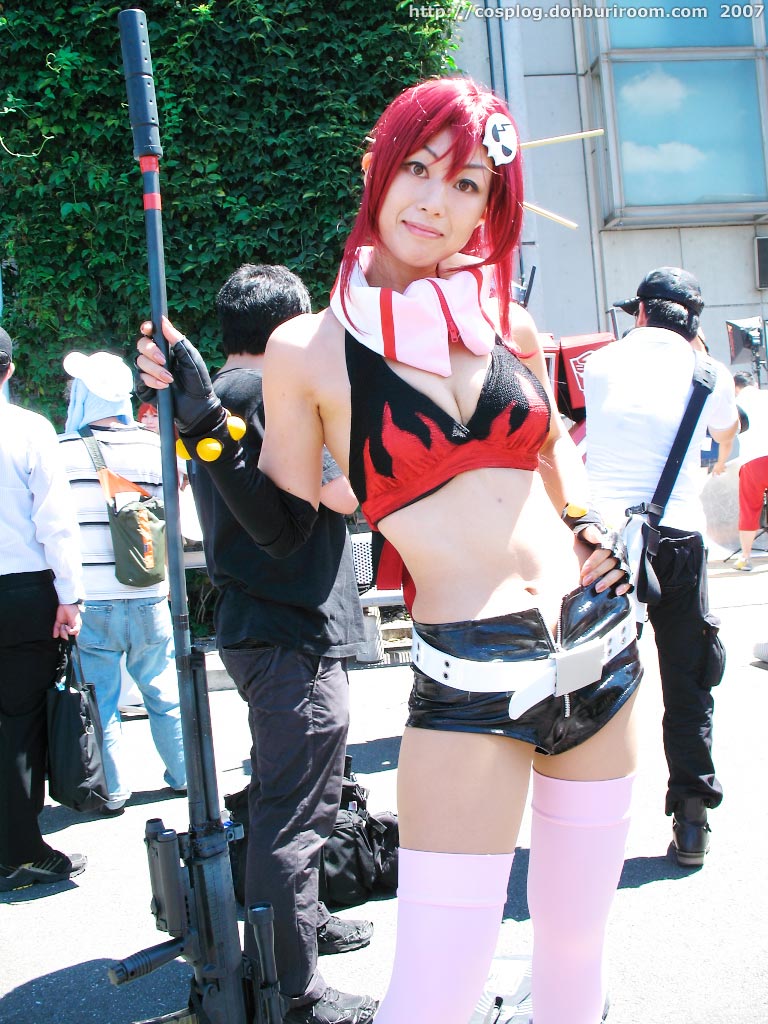 sena (model), yoko littner, tengen toppa gurren lagann, photo (medium), bikini, bikini top only, chopsticks, cosplay, gloves, gun, red hair, rifle, shorts, swimsuit, thighhighs, weapon
