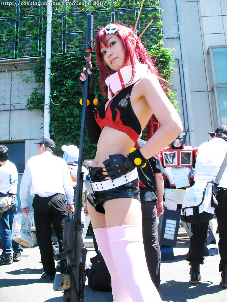 sena (model), yoko littner, tengen toppa gurren lagann, photo (medium), bikini, bikini top only, chopsticks, cosplay, gloves, gun, red hair, rifle, shorts, swimsuit, thighhighs, weapon