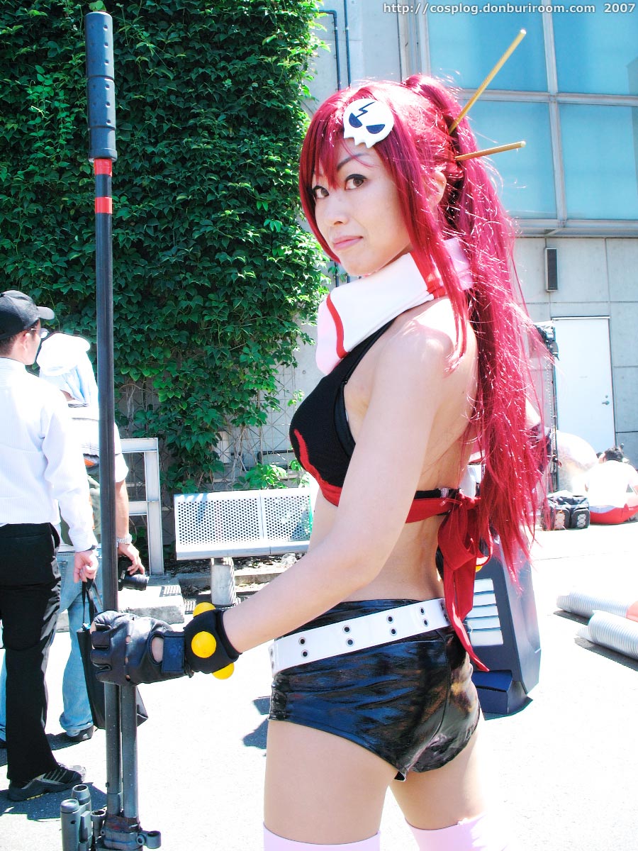 sena (model), yoko littner, tengen toppa gurren lagann, highres, photo (medium), bikini, bikini top only, chopsticks, cosplay, gloves, gun, red hair, rifle, shorts, swimsuit, thighhighs, weapon