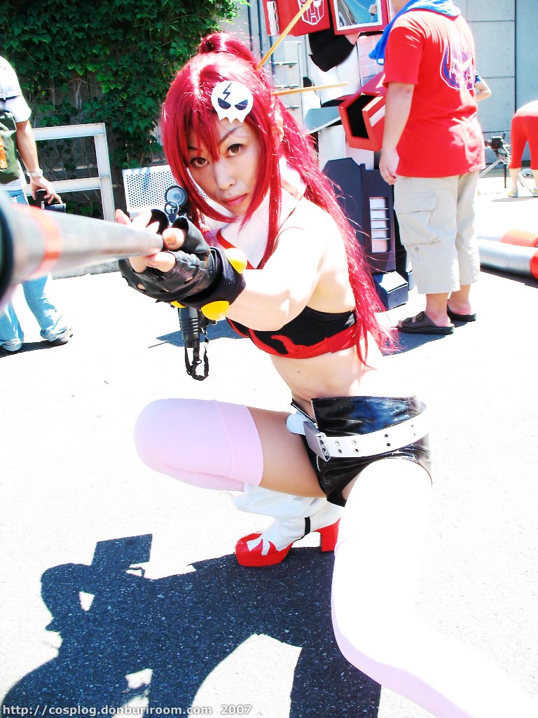 sena (model), yoko littner, tengen toppa gurren lagann, photo (medium), bikini, bikini top only, chopsticks, cosplay, gloves, gun, red hair, rifle, shorts, swimsuit, thighhighs, weapon