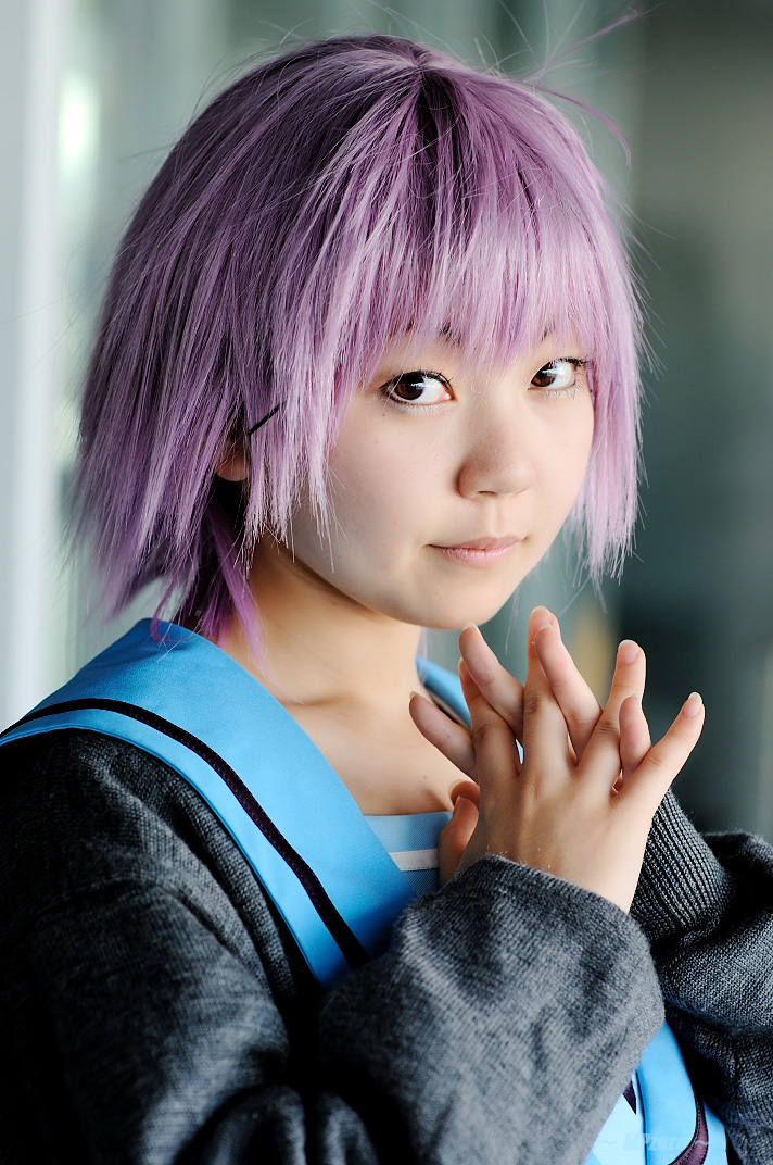 maisaki ririka (model), nagato yuki, suzumiya haruhi no yuuutsu, photo (medium), cardigan, cosplay, purple hair, sailor, school uniform, serafuku