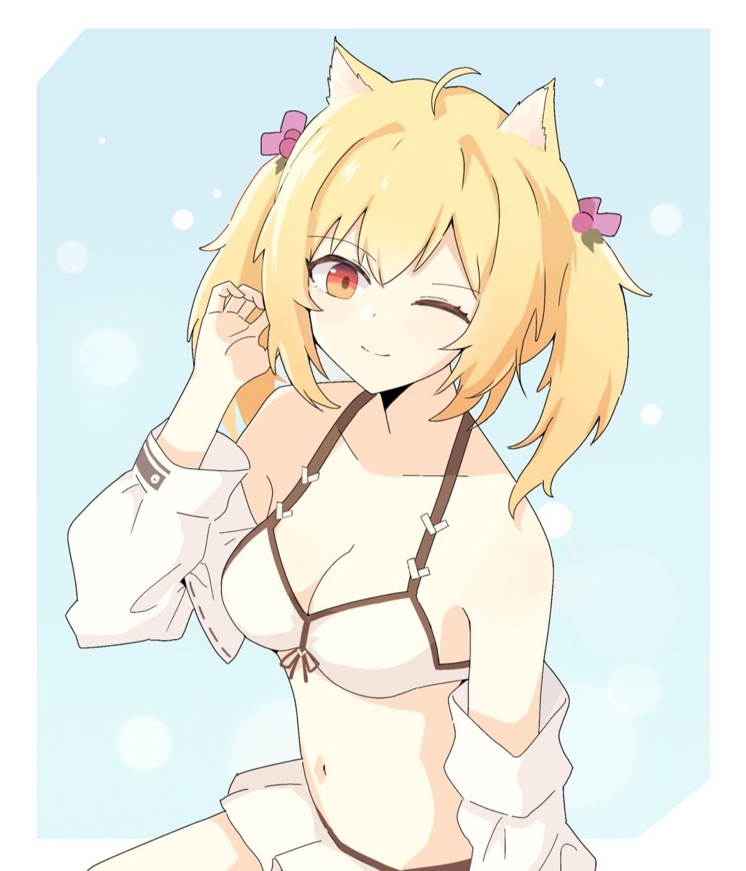 sora (arknights), arknights, commentary, highres, 1girl, ;), animal ears, anime coloring, bikini, blonde hair, blue background, border, breasts, cleavage, closed mouth, detached sleeves, hand in own hair, hand up, long sleeves, looking at viewer, medium breasts, navel, nonomori (user vvae8753), one eye closed, orange eyes, outside border, short hair, smile, solo, swimsuit, white bikini, white border, white sleeves