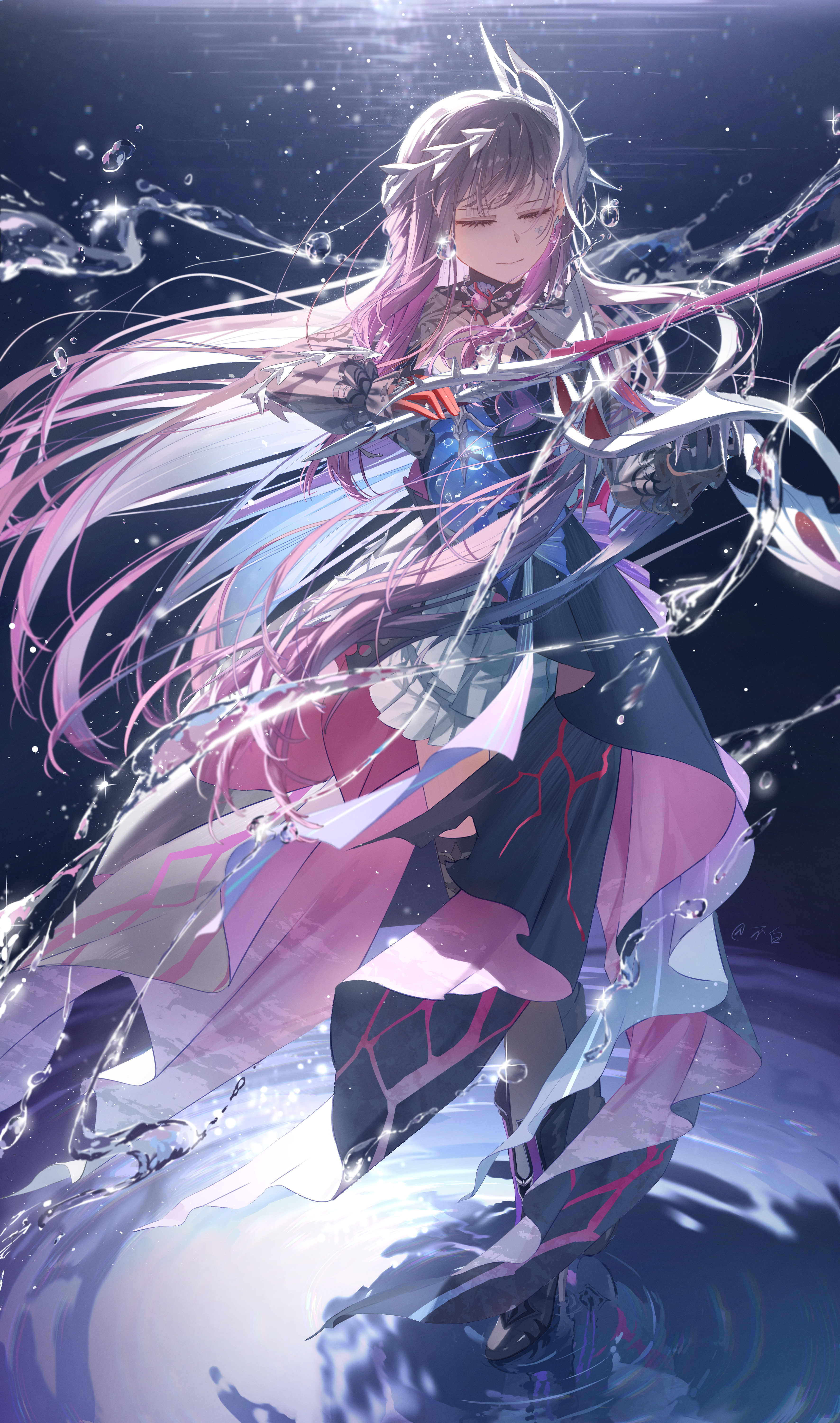 bu bai (wres2744), hysilens (honkai: star rail), honkai: star rail, honkai (series), absurdres, commentary request, highres, 1girl, asymmetrical gloves, black boots, black gloves, black hair, black shrug, black thighhighs, blue hair, boots, bubble, closed eyes, closed mouth, colored inner hair, dress, facing viewer, floating hair, full body, gloves, hair ornament, holding, holding sword, holding weapon, hydrokinesis, instrument, knee boots, light smile, long hair, long sleeves, mismatched gloves, multicolored hair, music, playing instrument, red gloves, ripples, see-through body, shrug (clothing), standing, standing on liquid, sword, thighhighs, very long hair, water, weapon
