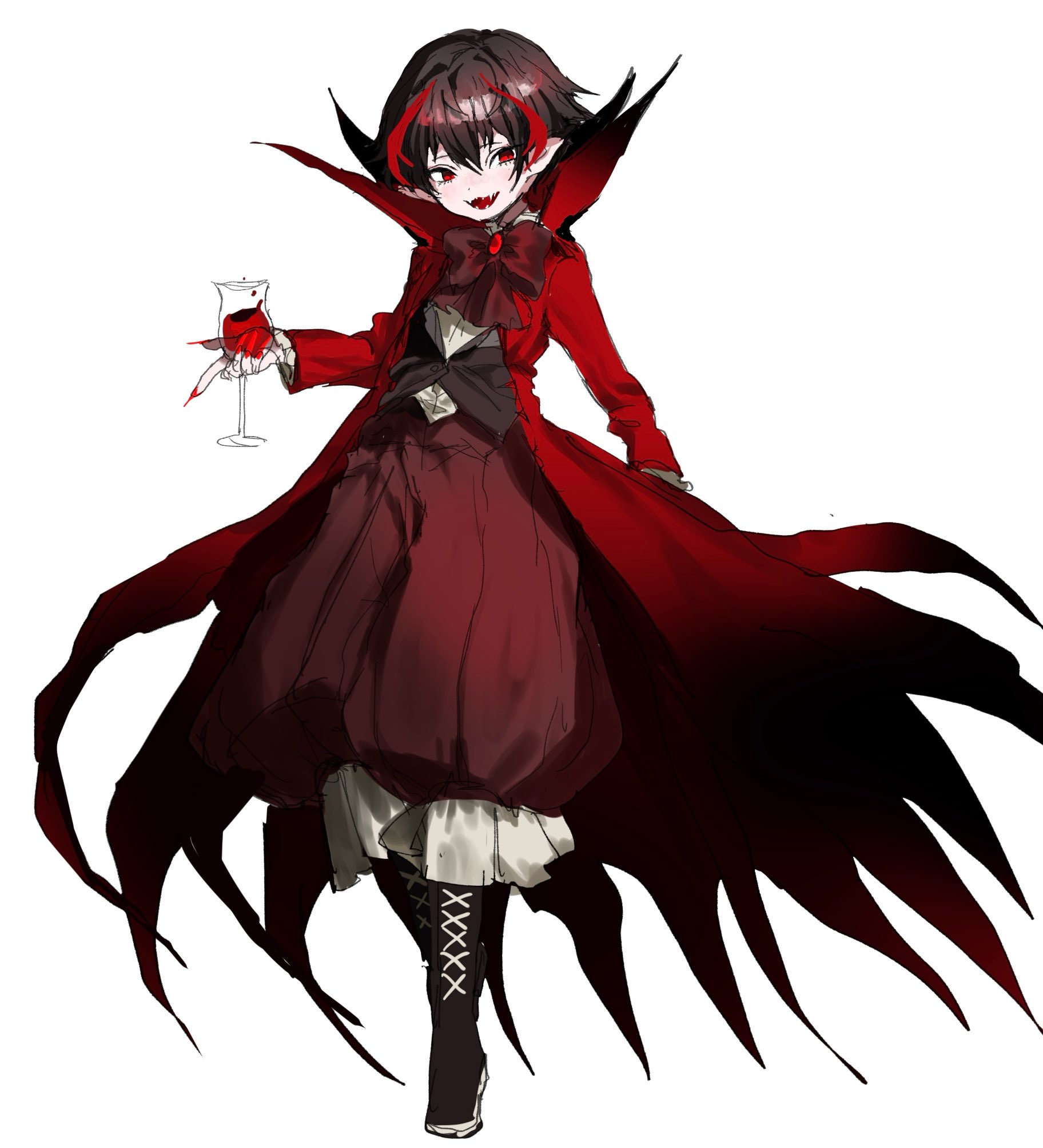 akaimo (akaimokou), nosferatu (project moon), library of ruina, project moon, highres, 1boy, black boots, black hair, black vest, boots, bow, bowtie, coat, collared shirt, cup, drinking glass, frilled pants, frills, full body, long sleeves, looking at viewer, male focus, multicolored hair, open mouth, pants, pointy ears, red bow, red bowtie, red coat, red eyes, red hair, red pants, shirt, simple background, solo, standing, streaked hair, vampire, vest, white background, white shirt, wine glass
