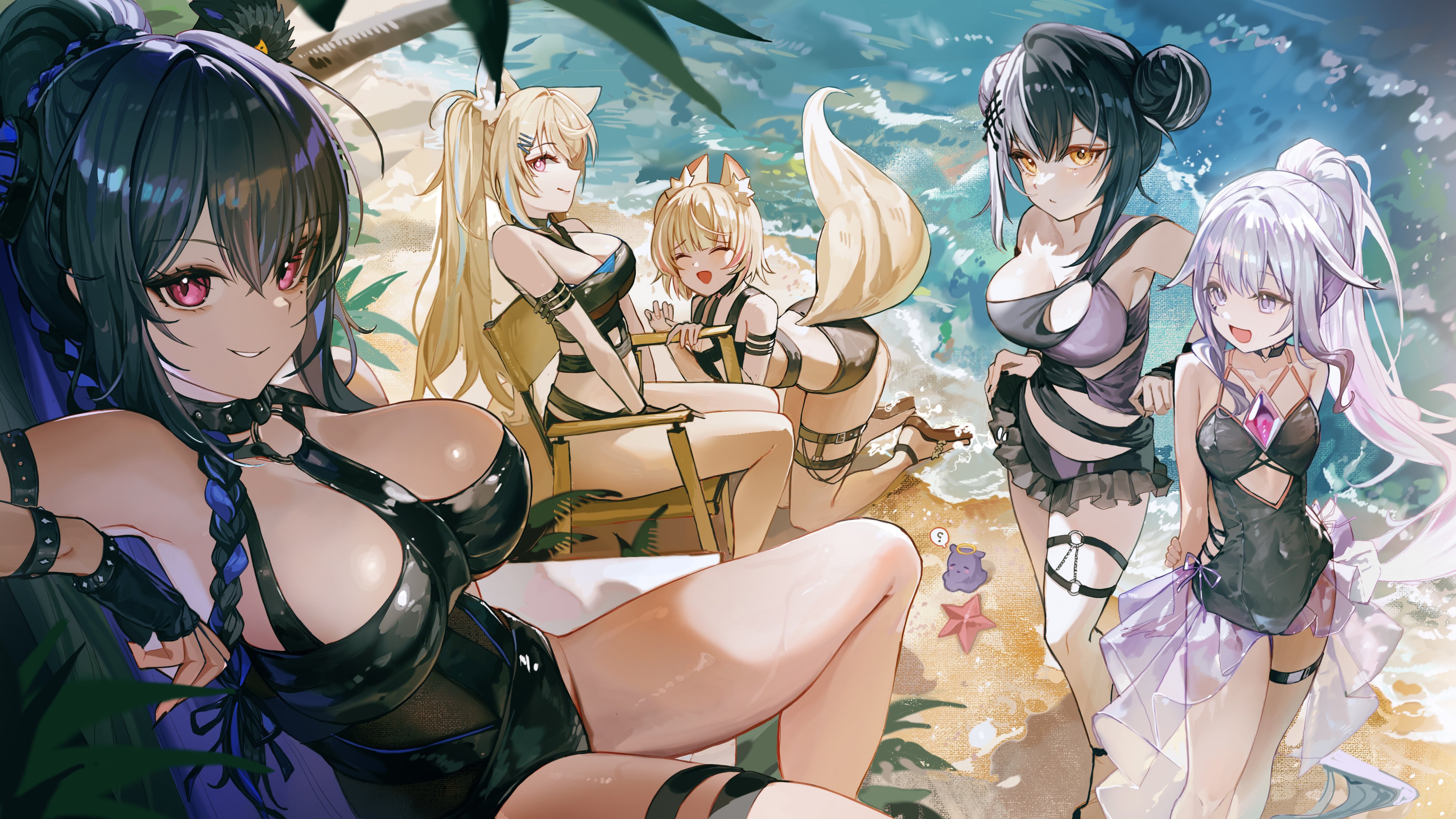 happyongdal, fuwawa abyssgard, fuwawa abyssgard (holonatsu paradise), koseki bijou, koseki bijou (holonatsu paradise), mococo abyssgard, mococo abyssgard (holonatsu paradise), nerissa ravencroft, nerissa ravencroft (holonatsu paradise), shiori novella, shiori novella (holonatsu paradise), takodachi (ninomae ina'nis), holoadvent, hololive, hololive english, absurdres, commentary, english commentary, highres, 5girls, animal ear fluff, animal ears, beach, bikini, black bikini, black choker, black gloves, black one-piece swimsuit, blonde hair, blue hair, breasts, casual one-piece swimsuit, chair, chest jewel, choker, closed eyes, colored inner hair, crossed bangs, day, dog ears, dog girl, dog tail, double bun, fingerless gloves, gem, gloves, grey hair, grin, hair between eyes, hair bun, hair ornament, heart, heart o-ring, holding own arm, kneeling, large breasts, long hair, mole, mole under eye, multicolored bikini, multicolored hair, multiple girls, o-ring, o-ring choker, o-ring thigh strap, ocean, official alternate costume, official alternate hairstyle, on chair, one-piece swimsuit, open mouth, outdoors, palm leaf, pink eyes, pink hair, ponytail, purple bikini, purple eyes, purple gemstone, purple hair, red eyes, sandals, shore, siblings, sisters, sitting, smile, split-color hair, standing, starfish, streaked hair, swimsuit, tail, thigh strap, twins, two-tone bikini, two-tone hair, very long hair, virtual youtuber, water, yellow eyes