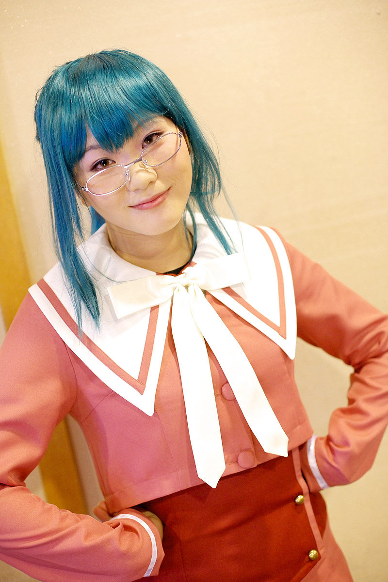 hiratsuka yuki (model), character request, highres, photo (medium), source request, cosplay, glasses, green hair, sailor, school uniform, serafuku