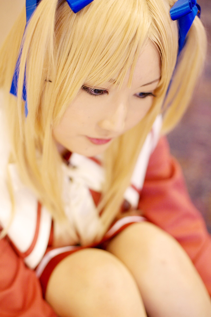 hirano mai (model), character request, highres, photo (medium), source request, blonde hair, cosplay, hair ribbon, ribbon, sailor, school uniform, serafuku, twintails