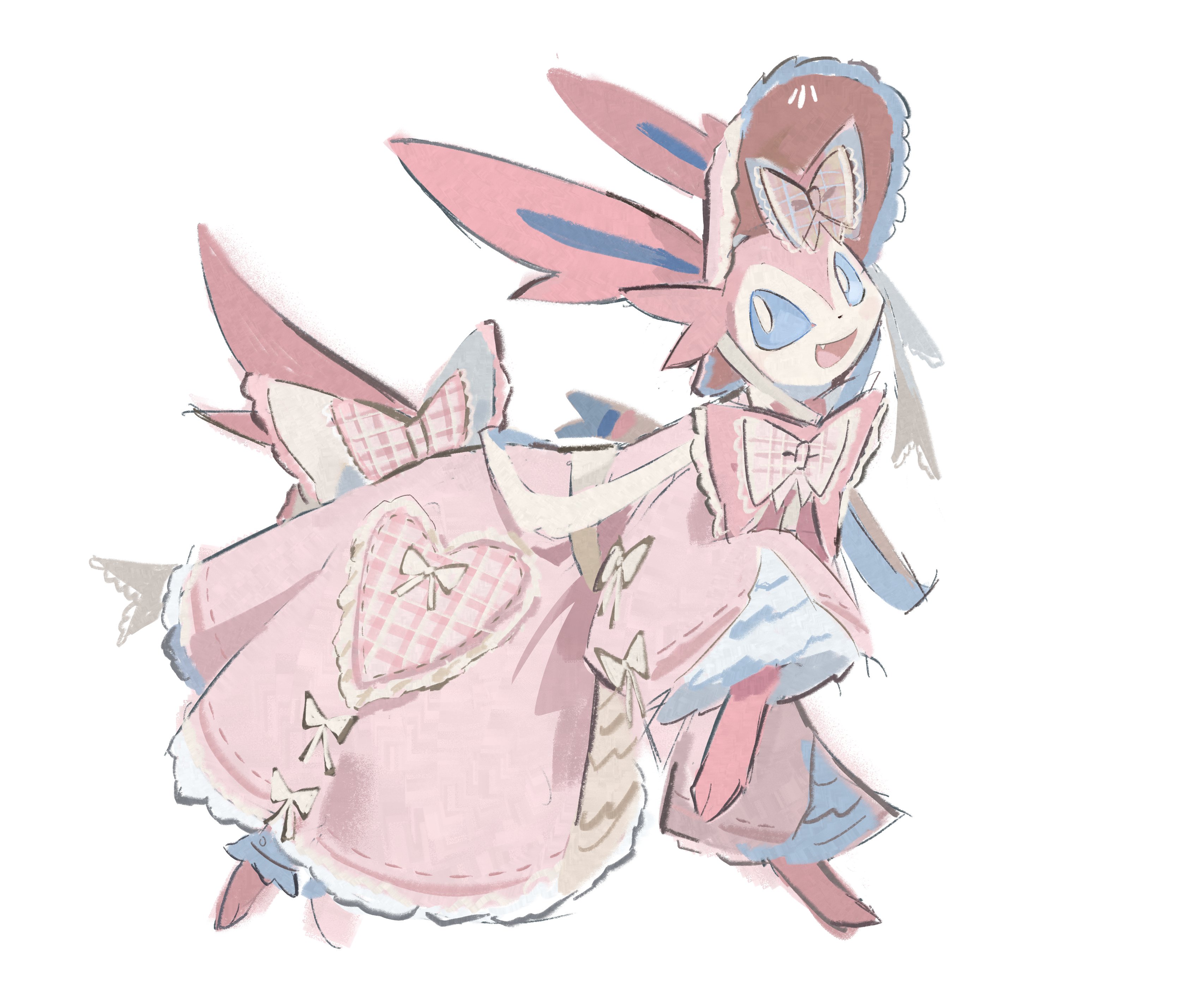 ryulveon, sylveon, nintendo, pokemon, absurdres, commentary, english commentary, highres, back bow, blue eyes, bonnet, bow, bowtie, bright pupils, capelet, classic lolita, clothed creature, creature, creature focus, dot nose, dress, dress bow, fang, frilled bow, frilled capelet, frilled dress, frilled sleeves, frills, gen 6 pokemon, happy, hooves, lace-trimmed bow, lace-trimmed bowtie, lace-trimmed headwear, lace trim, leg up, lolita fashion, long dress, long sleeves, looking at viewer, no humans, open mouth, pink bonnet, pink bow, pink bowtie, pink capelet, pink dress, plaid bow, plaid bowtie, plaid clothes, pokemon (creature), ribbon-trimmed dress, ribbon-trimmed sleeves, ribbon trim, simple background, sleeve bow, smile, solo, white background, white bow, white pupils