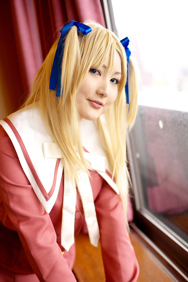 hirano mai (model), character request, highres, photo (medium), source request, blonde hair, cosplay, hair ribbon, ribbon, sailor, school uniform, serafuku, twintails