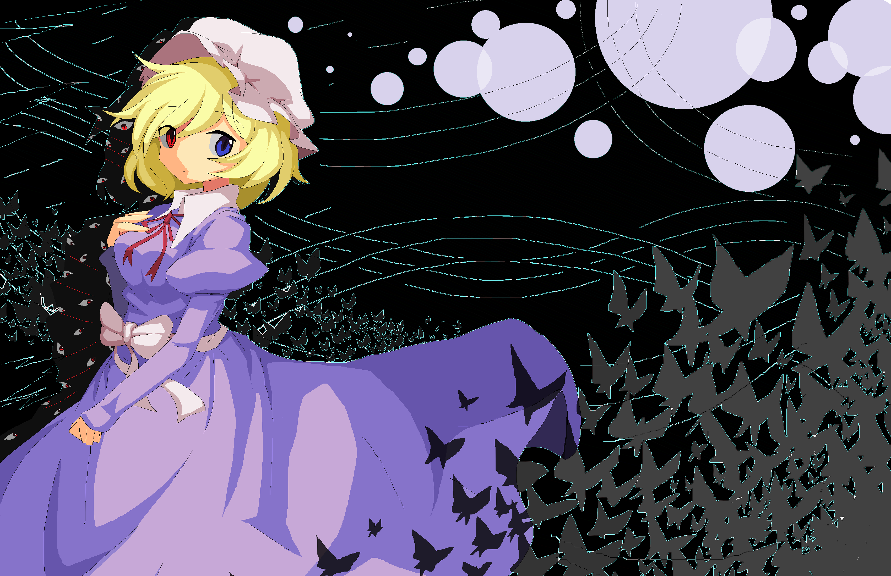 nagaresimasu, maribel hearn, touhou, absurdres, highres, 1girl, black background, blonde hair, bug, butterfly, circle, dress, gap (touhou), hand on own chest, hat, heterochromia, insect, mob cap, purple dress, sash, solo