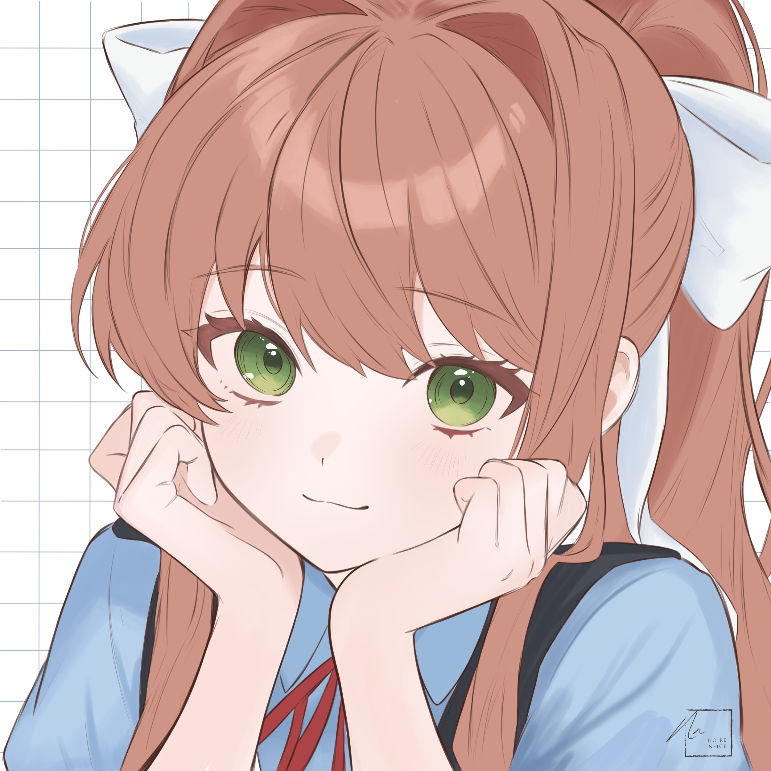 noire neige, monika (doki doki literature club), doki doki literature club, 1girl, :3, bow, brown hair, dot nose, green eyes, grid background, hair bow, hair intakes, hands on own face, long hair, looking at viewer, ponytail, ribbon, simple background, smile, solo, white background
