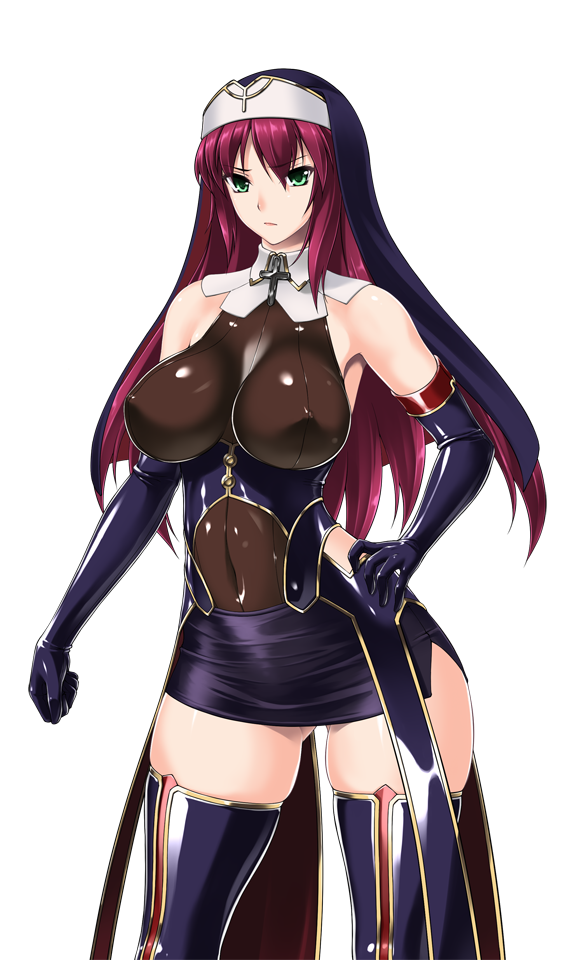 rindou (radical dream), game cg, large variant set, non-web source, official art, variant set, 1girl, bare shoulders, breasts, covered erect nipples, covered navel, cross, elbow gloves, gloves, green eyes, hand on own hip, large breasts, latex, liese heldebrand, long hair, looking at viewer, miniskirt, nengoku no liese, nun, purple hair, red hair, shiny clothes, side slit, skin tight, skirt, solo, thighhighs, transparent background, zettai ryouiki