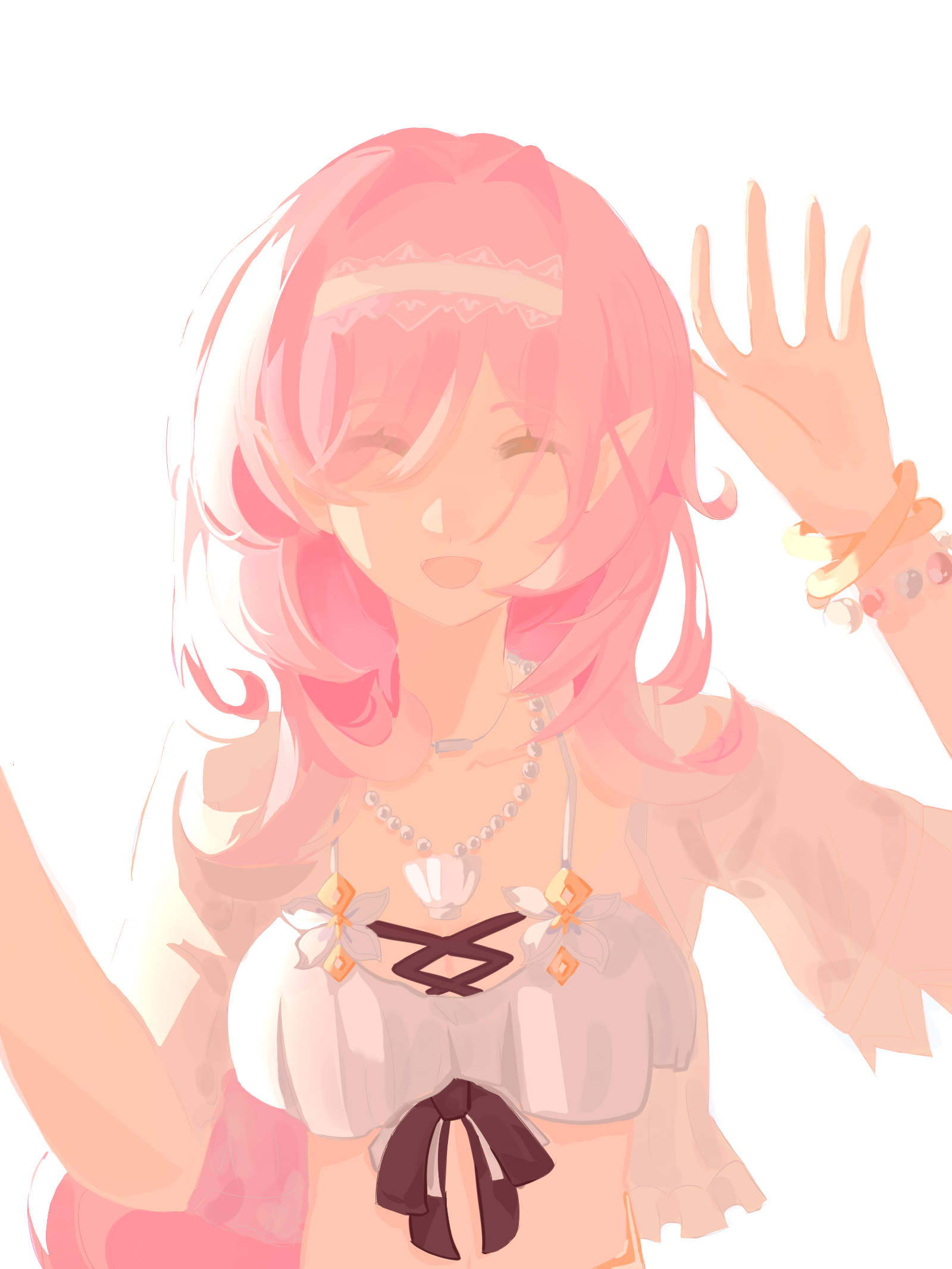 elysia (honkai impact), elysia (miss pink elf) (honkai impact), elysia (summer miss elf) (honkai impact), honkai (series), honkai impact 3rd, chinese commentary, commentary request, highres, 1girl, bikini, breasts, elf, feitiandazhanglang30973, hairband, jewelry, large breasts, long hair, necklace, official alternate costume, open mouth, pink hair, pointy ears, shell, shell necklace, simple background, smile, solo, swimsuit, upper body, very long hair, white background, white bikini, white hairband