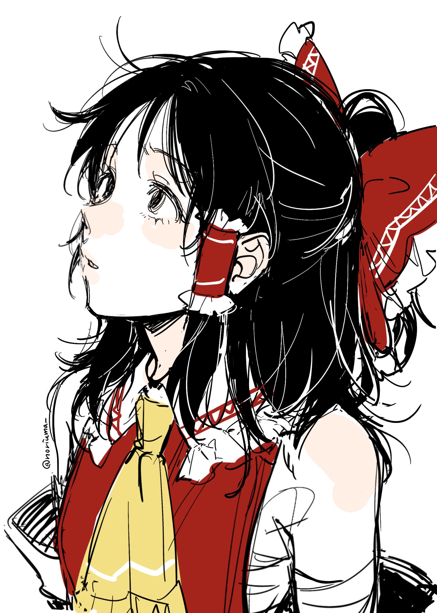 noriuma, hakurei reimu, touhou, highres, 1girl, ascot, bare shoulders, black hair, bow, chest sarashi, collared shirt, detached sleeves, frilled bow, frilled hair tubes, frilled shirt collar, frills, hair bow, hair tubes, long hair, looking ahead, looking up, red bow, red shirt, sarashi, shirt, simple background, sleeveless, sleeveless shirt, solo, upper body, white background, yellow ascot