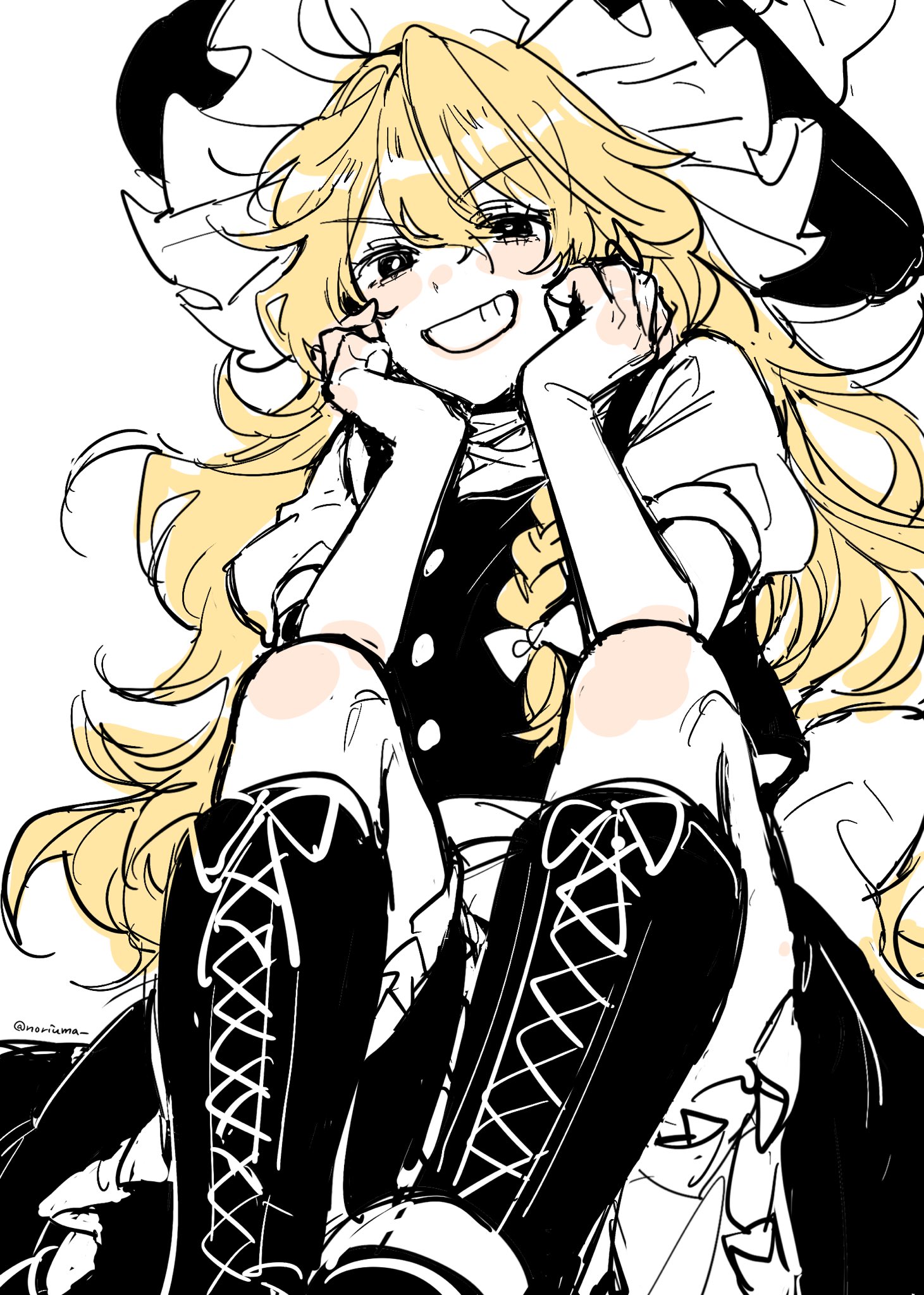noriuma, kirisame marisa, touhou, highres, 1girl, black boots, black hat, black skirt, black vest, blonde hair, boots, bow, braid, frilled skirt, frills, grin, hair bow, hands on own cheeks, hands on own face, hat, hat bow, lace-up boots, long hair, looking at viewer, puffy short sleeves, puffy sleeves, shirt, short sleeves, side braid, simple background, single braid, skirt, smile, solo, very long hair, vest, white background, white bow, white shirt