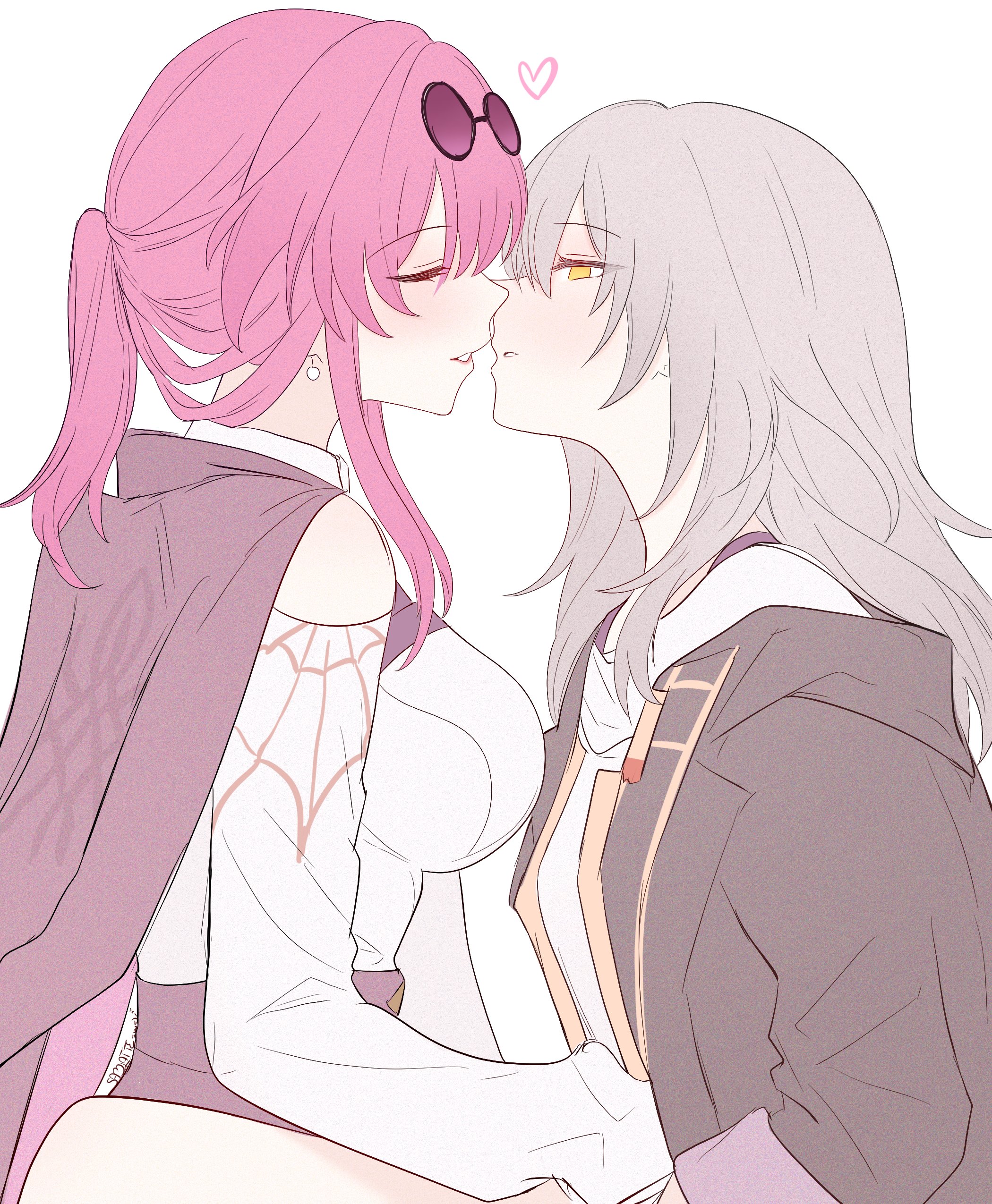 samlatte, kafka (honkai: star rail), stelle (honkai: star rail), trailblazer (honkai: star rail), honkai: star rail, honkai (series), absurdres, commentary, english commentary, highres, 2girls, black jacket, breasts, closed eyes, clothing cutout, earrings, eyewear on head, gift art, glasses, grey hair, half-closed eye, heart, imminent kiss, jacket, jacket on shoulders, jewelry, long hair, long sleeves, looking at another, medium breasts, multiple girls, parted lips, pince-nez, ponytail, purple jacket, round eyewear, shirt, shoulder cutout, signature, simple background, sunglasses, white background, white shirt, yellow eyes, yuri