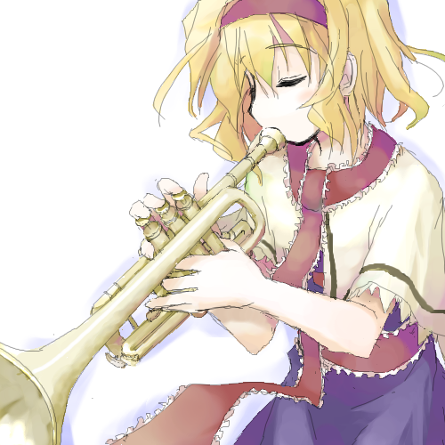 mochiki, alice margatroid, touhou, lowres, 1girl, blonde hair, blue dress, capelet, closed eyes, dress, female focus, hairband, instrument, necktie, oekaki, sash, simple background, solo, trumpet, upper body, white background