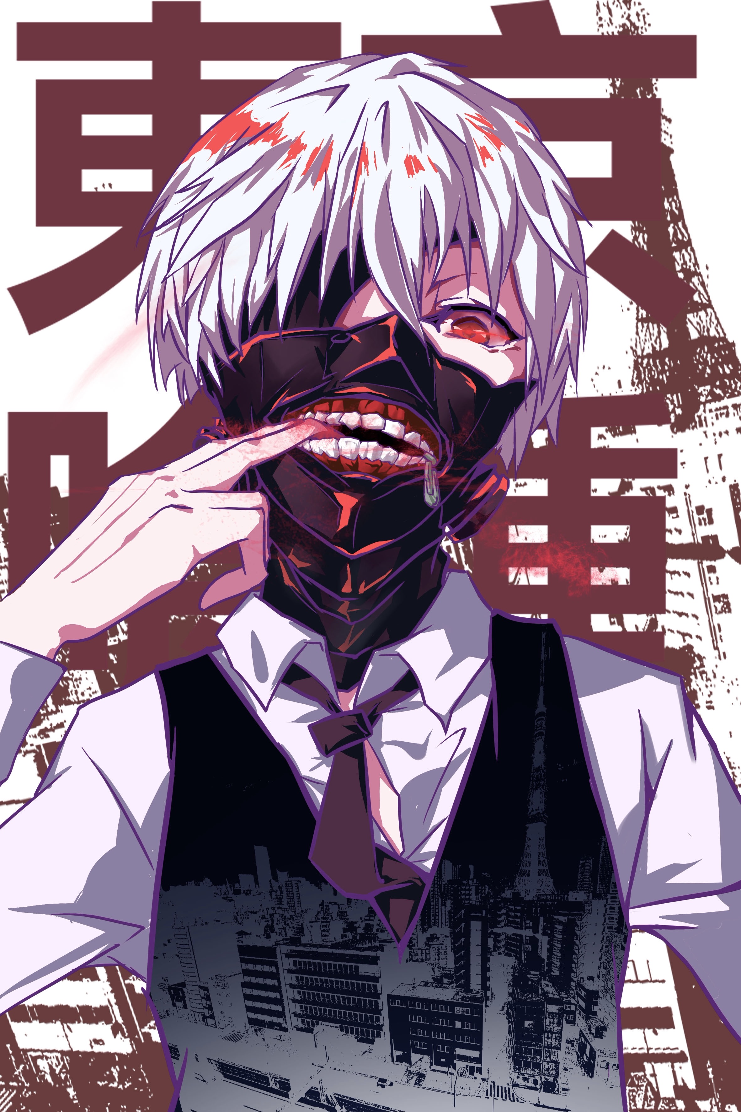 ya yan, kaneki ken, tokyo ghoul, absurdres, highres, 1boy, black neckerchief, black vest, building, city, collared shirt, eyepatch, finger in own mouth, leather mask, looking at viewer, male focus, mask, neckerchief, necktie, open mouth, red background, red eyes, shirt, short hair, solo, teeth print, tokyo tower, tower, two-tone background, vest, white background, white hair, white shirt, zipper pull tab
