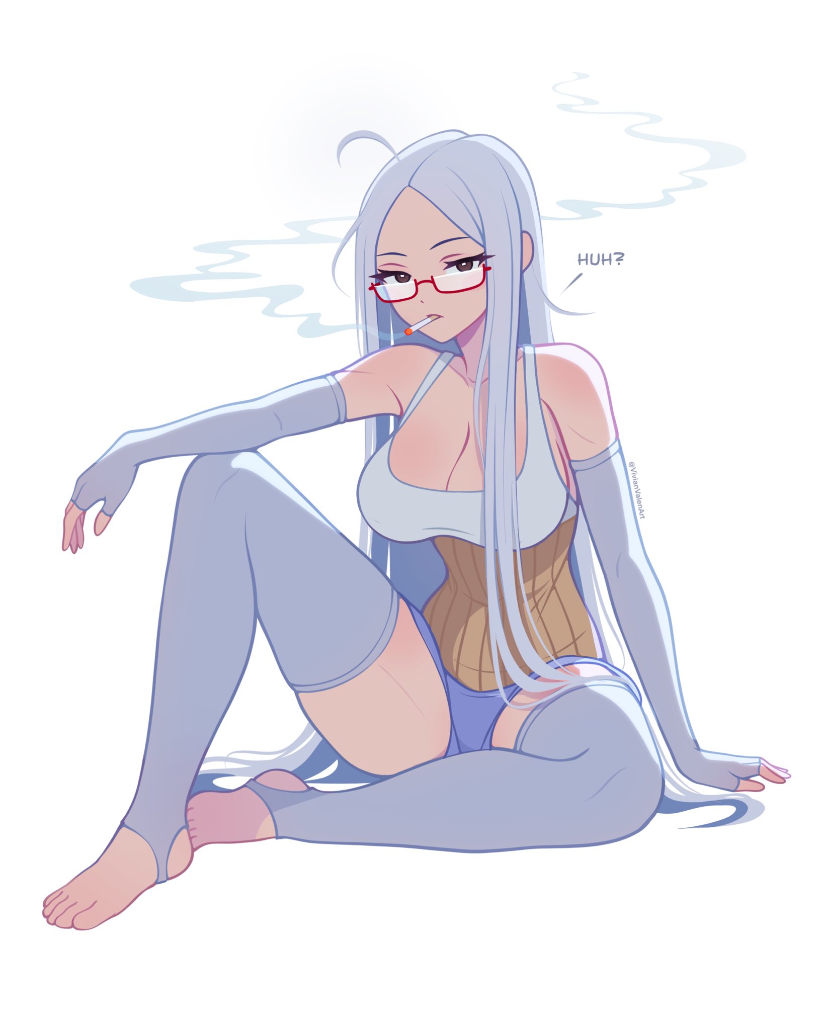 vivianvalenart, ayase seiko, dandadan, highres, barefoot, breasts, cigarette, cleavage, glasses, large breasts, long hair, simple background, smoke, smoking, white background, white hair