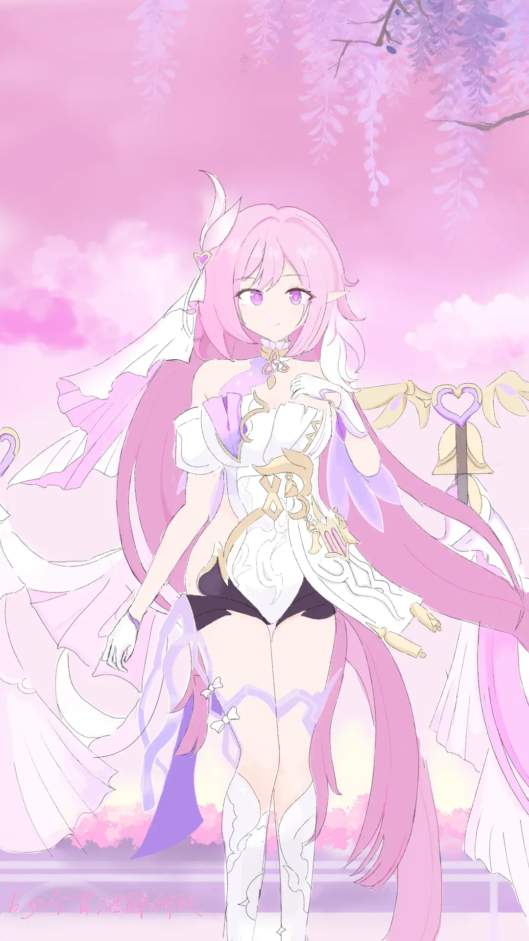 elysia (herrscher of human: ego) (honkai impact), elysia (honkai impact), honkai (series), honkai impact 3rd, chinese commentary, commentary request, highres, 1girl, bare shoulders, bell, black shorts, boots, corset, diamond-shaped pupils, diamond (shape), elf, gloves, hand on own chest, long hair, pink hair, pink sky, pointy ears, purple eyes, short shorts, shorts, sky, solo, symbol-shaped pupils, thigh strap, thighs, veil, very long hair, white boots, white corset, white gloves, white veil, yehangxing59053
