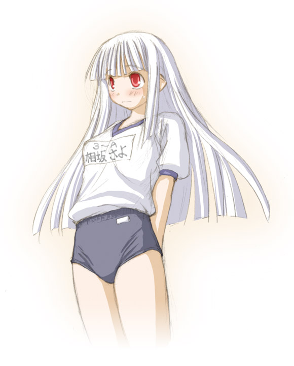 kasuga yukihito, aisaka sayo, mahou sensei negima!, 00s, 1girl, blush, buruma, female focus, gym uniform, long hair, red eyes, solo, white hair