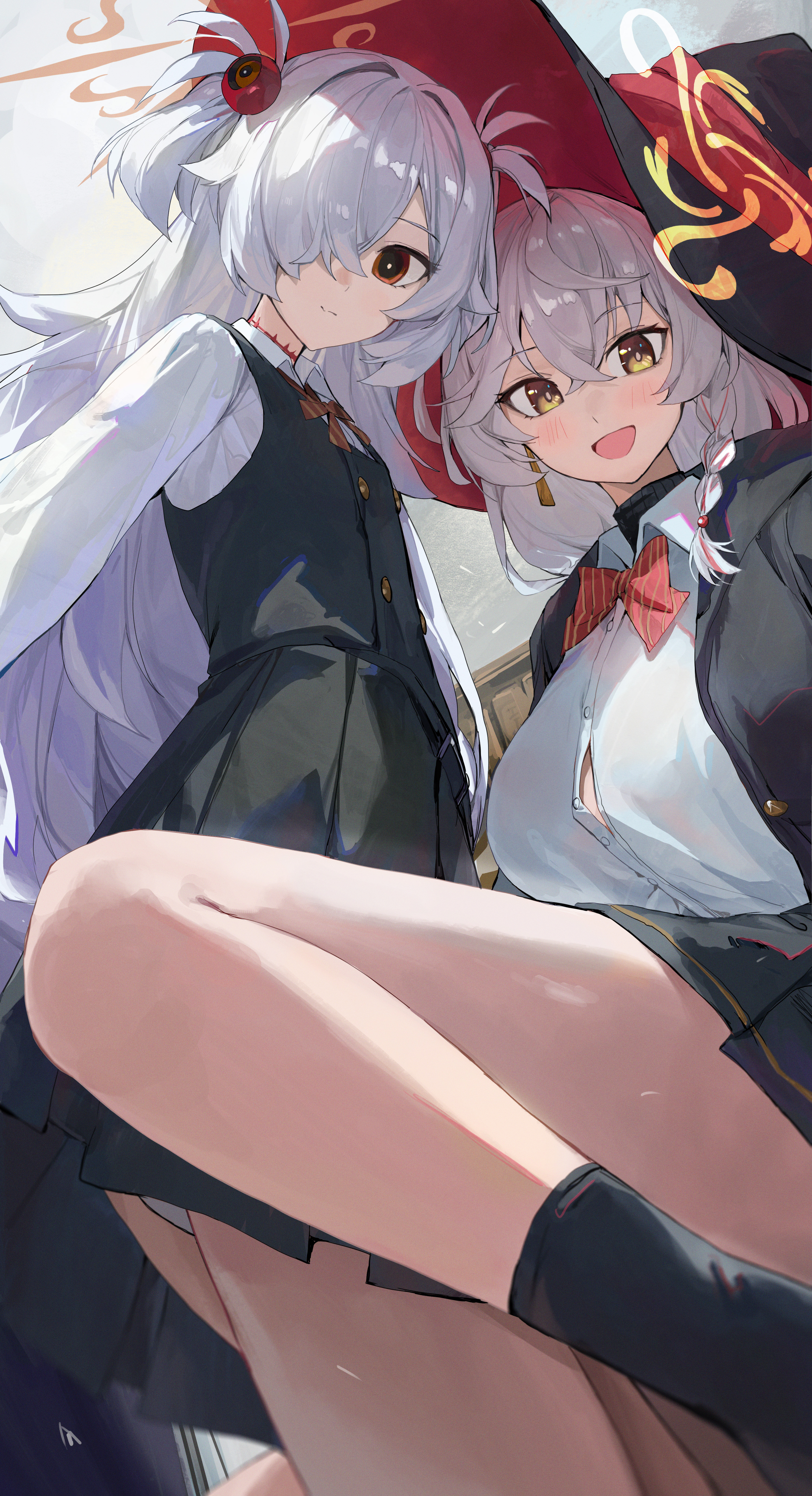 jianjia, eri (blue archive), kanoe (blue archive), blue archive, absurdres, commentary request, highres, 2girls, black jacket, black skirt, black vest, blush, bow, bowtie, breasts, bright pupils, brown halo, button gap, choppy bangs, closed mouth, collared shirt, crossed bangs, film grain, grey hair, grey panties, hair between eyes, hair ornament, hair over one eye, halo, hat, jacket, knee up, large breasts, long bangs, long hair, multiple girls, one eye covered, one side up, open clothes, open jacket, open mouth, panties, panty peek, parted bangs, pleated skirt, red bow, red bowtie, red eyes, shirt, skirt, smile, sphere hair ornament, underwear, vertical-striped bowtie, vest, white pupils, white shirt, wing collar, witch hat, yellow eyes, yellow halo