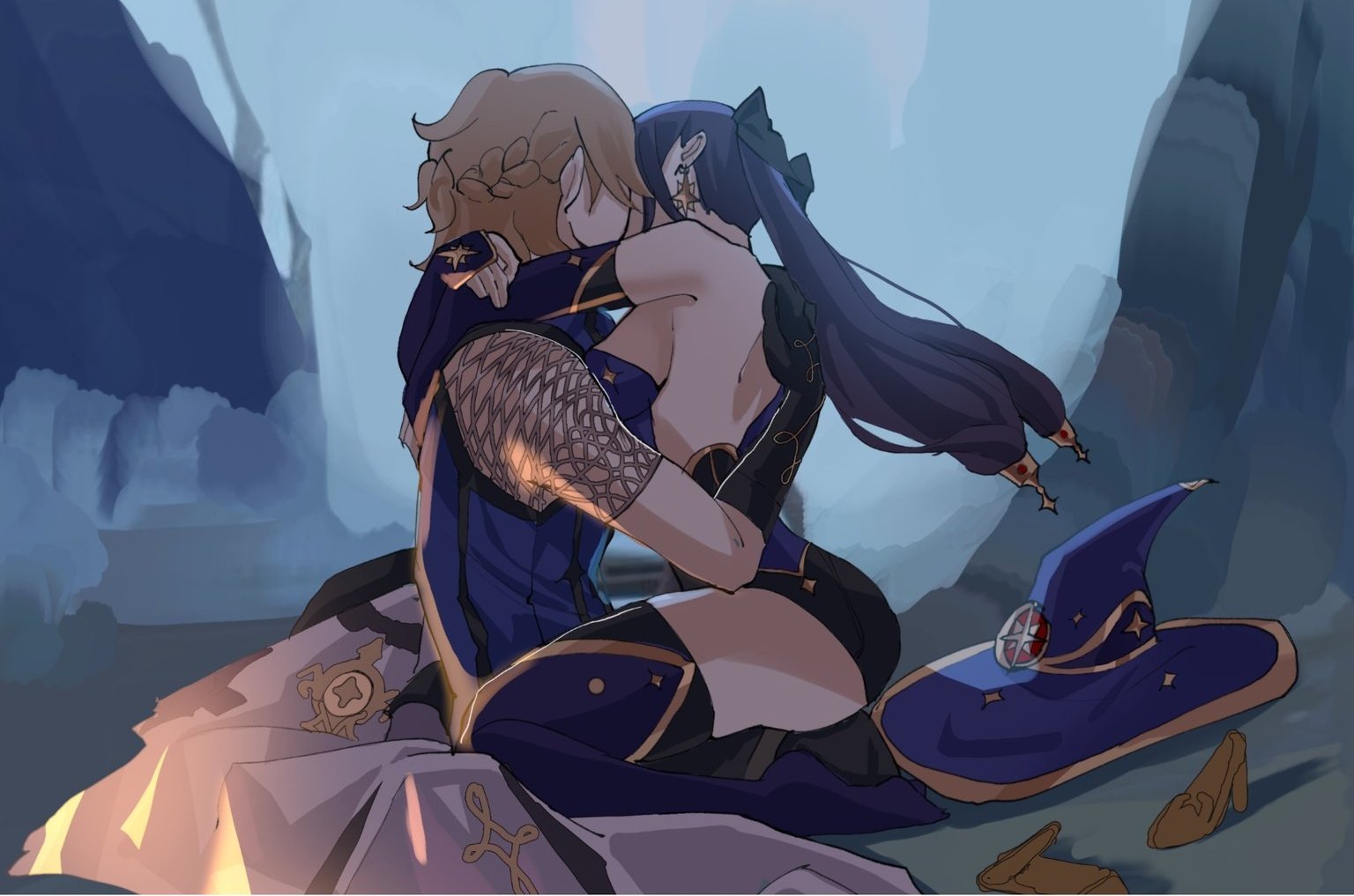 albedo (genshin impact), mona (genshin impact), genshin impact, commentary, english commentary, 1boy, 1girl, arms around neck, bare shoulders, blonde hair, blurry, blurry background, bow, breasts, couple, earrings, elbow gloves, fog, formal clothes, from side, gloves, hair bow, hair flowing over, hat, head tilt, hetero, imminent kiss, jewelry, layered clothes, leaning back, leaning forward, long hair, medium breasts, miraidell, on floor, outdoors, pants, purple hair, see-through clothes, see-through sleeves, shade, short hair, short sleeves, sideboob, sitting, sitting on person, sleeveless, suit, thick thighs, thighhighs, thighs, witch hat