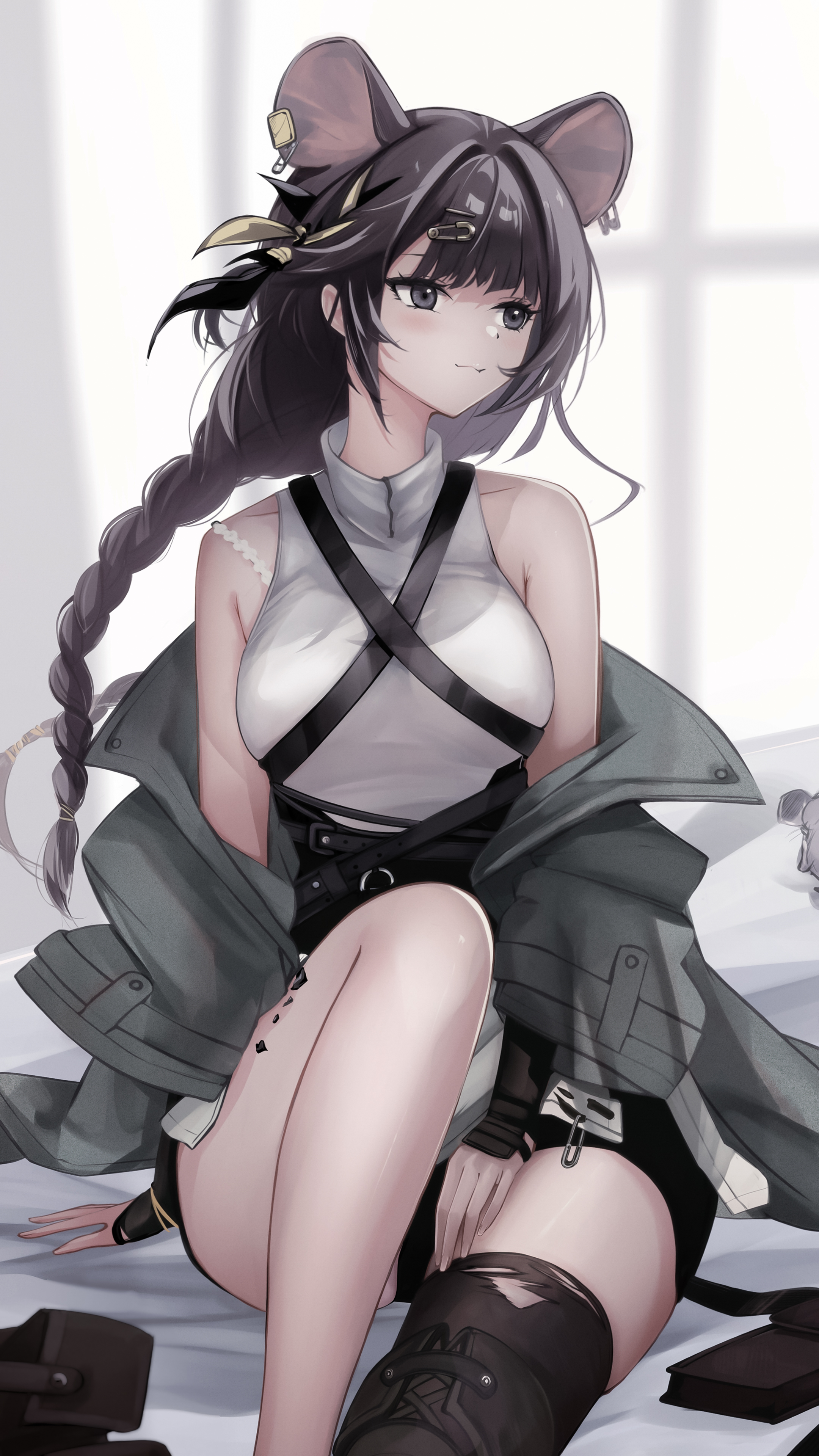 kyuu (q des9), lutonada (arknights), arknights, absurdres, commentary, highres, 1girl, animal ear piercing, animal ears, bare shoulders, black boots, black eyes, black hair, black thighhighs, blurry, blurry background, boots, braid, braided ponytail, closed mouth, fingernails, grey jacket, hair ornament, hairclip, jacket, light blush, light smile, long hair, looking to the side, material growth, mouse ears, mouse girl, off shoulder, oripathy lesion (arknights), shirt, single thigh boot, single thighhigh, sitting, sleeveless, sleeveless shirt, solo, strap, thigh boots, thighhighs, torn boots, turtleneck, turtleneck shirt, white shirt