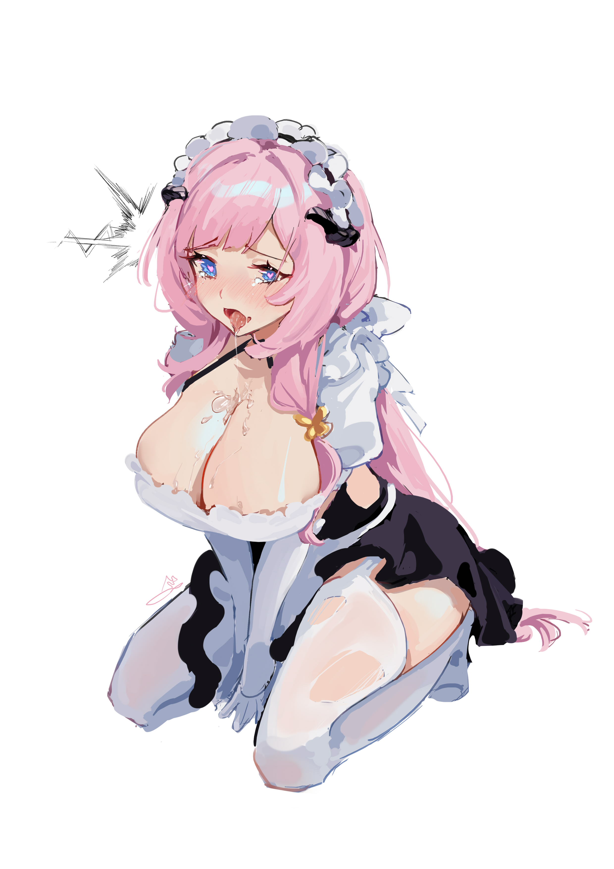 keruitemonu, elysia (honkai impact), elysia (miss pink) (honkai impact), elysia (miss pink elf) (honkai impact), honkai (series), honkai impact 3rd, absurdres, commentary request, highres, 1girl, ^^^, between legs, black dress, black ribbon, black shoes, bow, breasts, butterfly hair ornament, choker, cleavage, closed mouth, clothing cutout, dress, elbow gloves, elf, from side, full body, garter straps, gloves, hair intakes, hair ornament, hair ribbon, hand between legs, heart, heart-shaped pupils, horns, implied vibrator, large breasts, long hair, looking at viewer, maid, maid headdress, mary janes, official alternate costume, pink hair, pointy ears, puffy short sleeves, puffy sleeves, purple eyes, ribbon, saliva, saliva on breasts, shoes, short dress, short sleeves, side cutout, simple background, sitting, skindentation, solo, symbol-shaped pupils, thighhighs, tongue, tongue out, v arms, very long hair, wariza, white background, white bow, white ribbon, white thighhighs