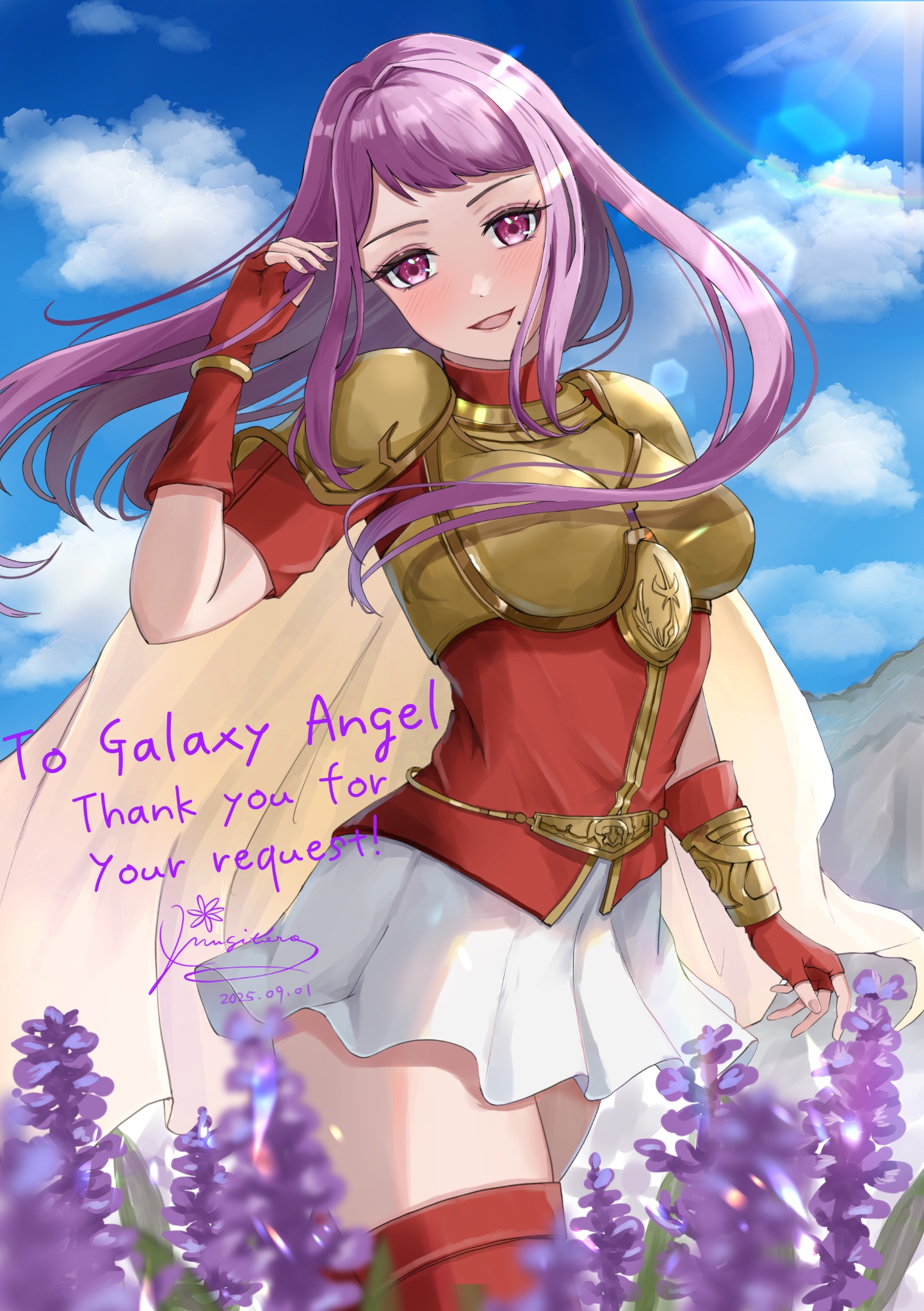 mugitoro (dsfv2277), eirika (fire emblem), ivy (fire emblem), fire emblem, fire emblem: the sacred stones, fire emblem engage, nintendo, highres, 1girl, alternate costume, armor, blue sky, blush, boots, breastplate, breasts, cape, cloud, cosplay, eirika (fire emblem) (cosplay), fingerless gloves, flower, gloves, large breasts, long hair, looking at viewer, medium breasts, mole, mole under mouth, open mouth, outdoors, pauldrons, purple eyes, purple hair, red boots, red gloves, red shirt, shirt, shoulder armor, skirt, sky, smile, solo, thigh boots, thighhighs, thighs, very long hair, white skirt, zettai ryouiki