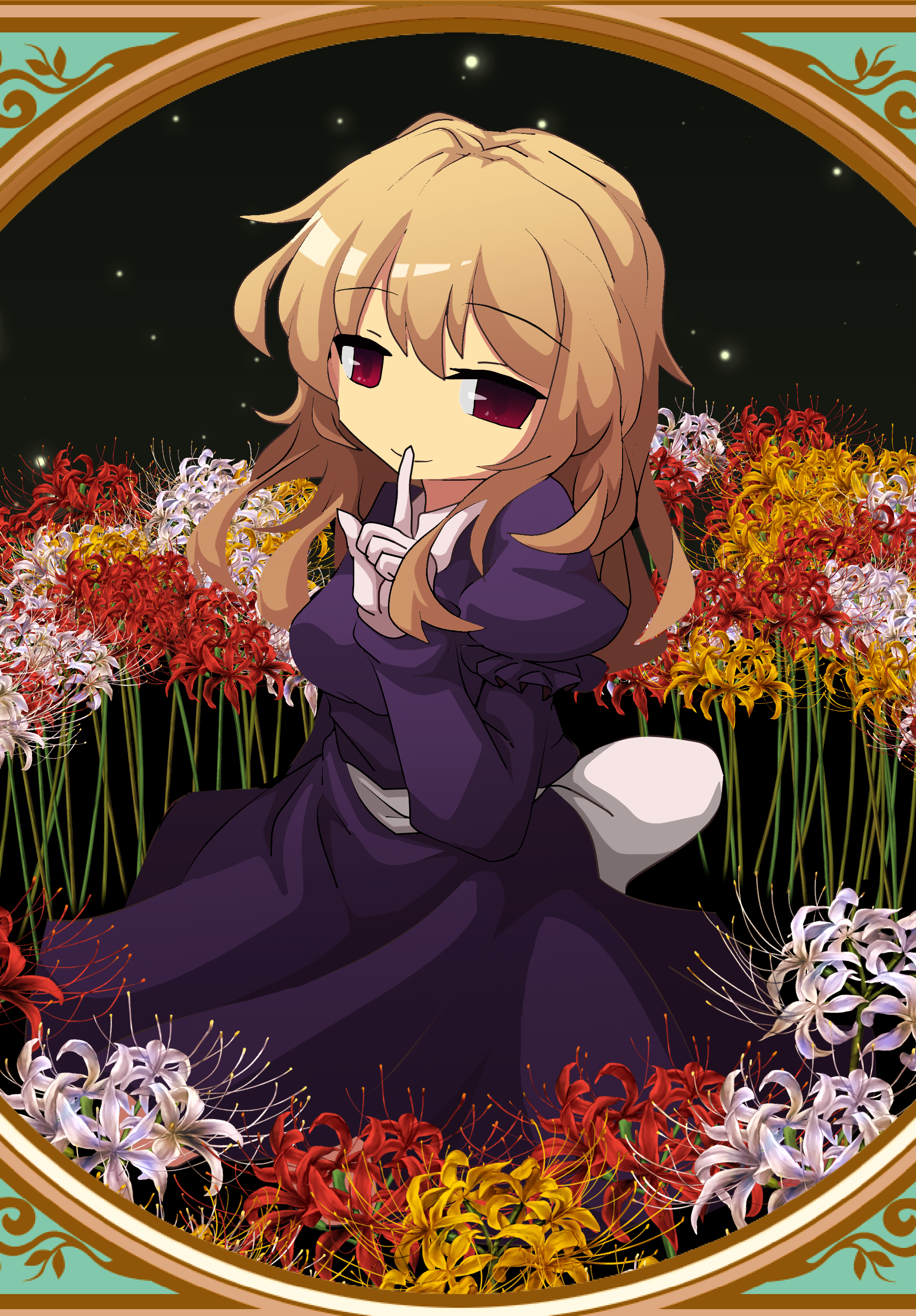 nagaresimasu, maribel hearn, touhou, absurdres, highres, 1girl, dress, finger to mouth, flower, index finger raised, looking at viewer, no headwear, purple dress, purple eyes, sash, shushing, solo, spider lily, star (sky)