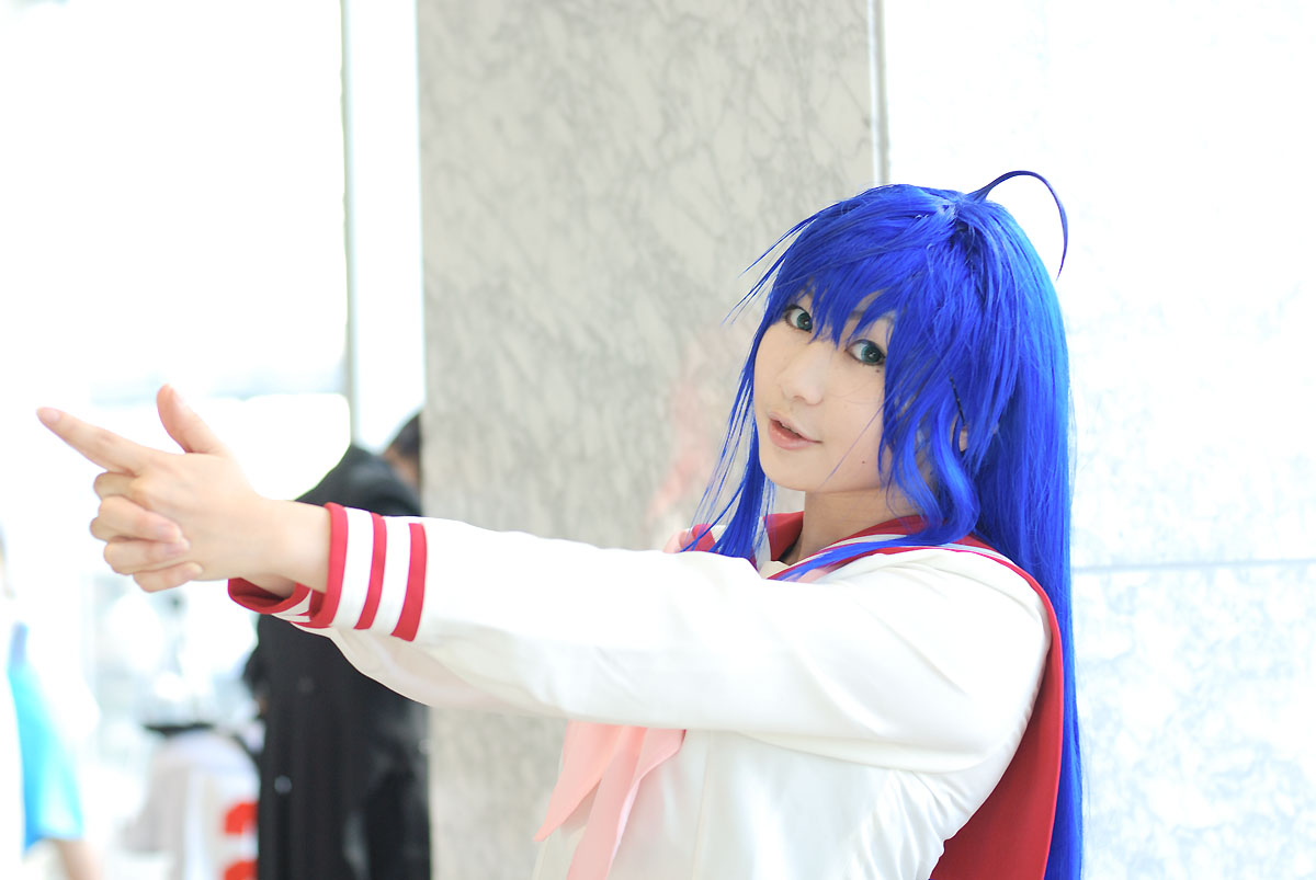 kochou ran, izumi konata, lucky star, photo (medium), ahoge, blue hair, cosplay, sailor, school uniform, serafuku
