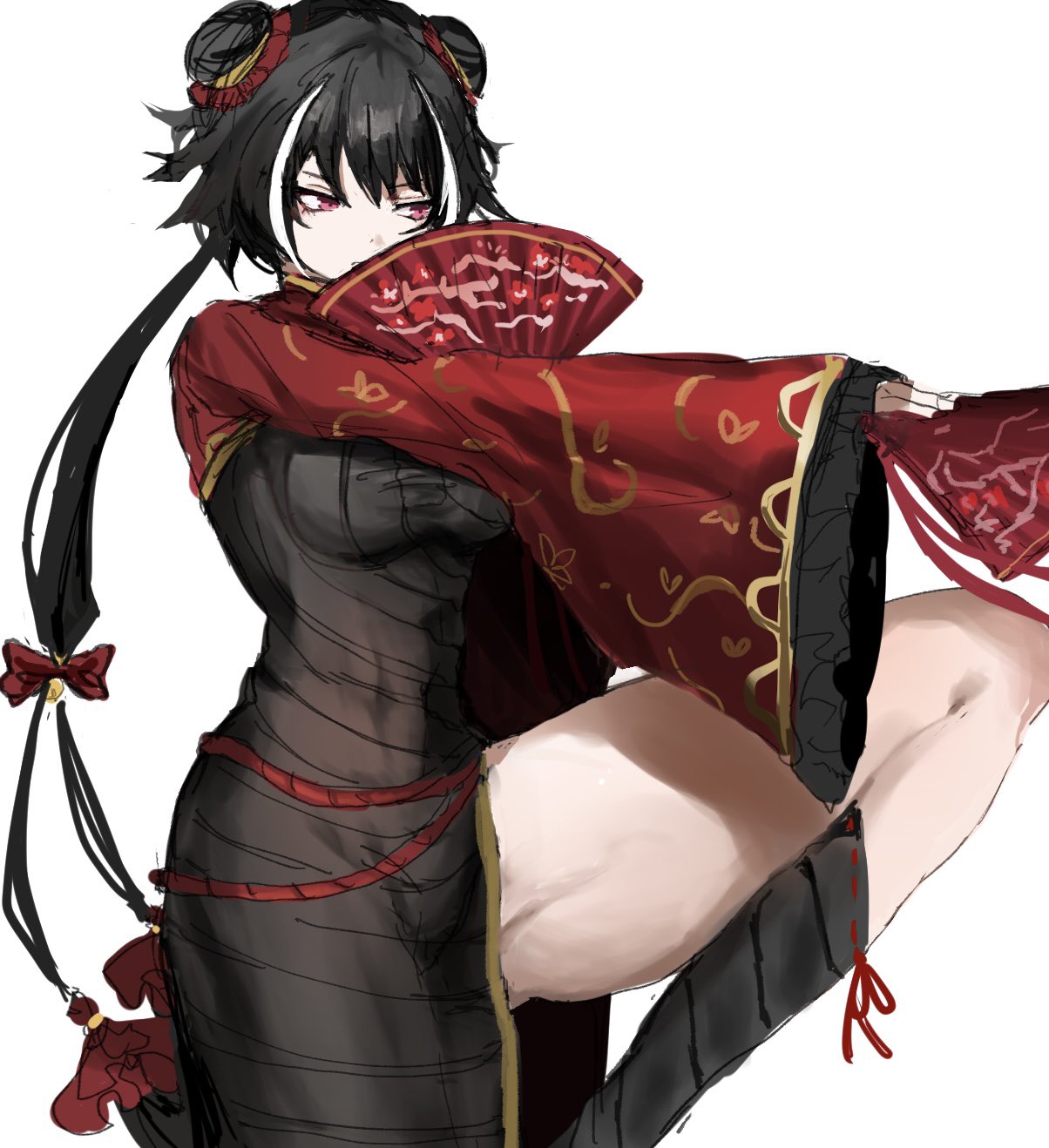 akaimo (akaimokou), jia xichun (project moon), limbus company, project moon, highres, 1girl, black dress, black hair, breasts, chinese clothes, double bun, dress, hair bun, hand fan, long hair, long sleeves, looking at viewer, multicolored hair, pink eyes, red shrug, rope belt, simple background, solo, standing, streaked hair, thick thighs, thighs, twintails, upper body, white background
