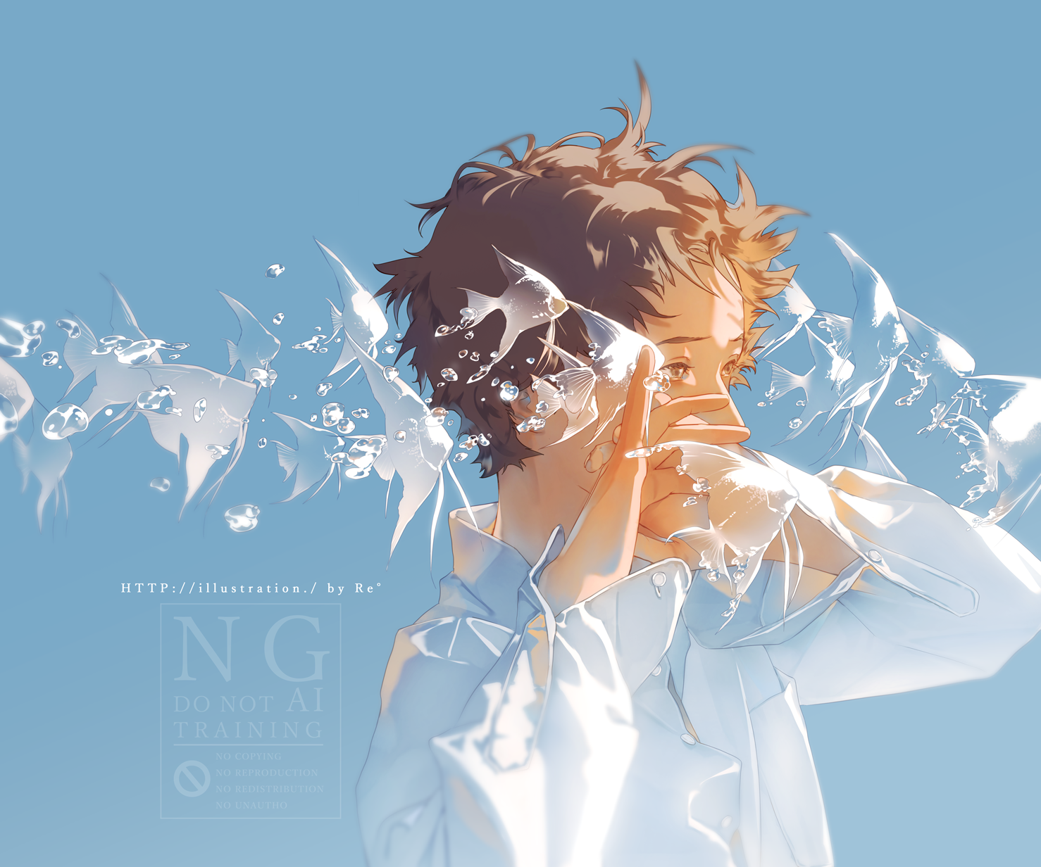 rido (ridograph), original, highres, 1boy, abstract, animal, blue background, brown eyes, brown hair, fish, hands up, shirt, short hair, simple background, teardrop, tears, tropical fish, water, watermark, white shirt