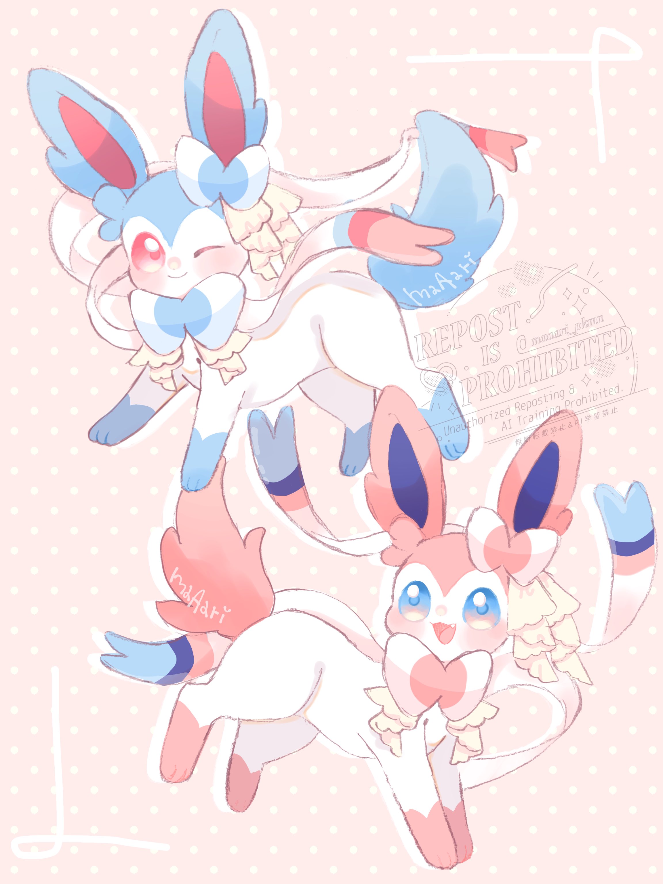 maaari pkmn, sylveon, nintendo, pokemon, absurdres, commentary request, highres, alternate color, animal focus, artist name, blue eyes, blush, fang, frills, gen 6 pokemon, no humans, one eye closed, pink background, pink eyes, pokemon (creature), pokemon focus, polka dot, polka dot background, shiny and normal, shiny pokemon, smile