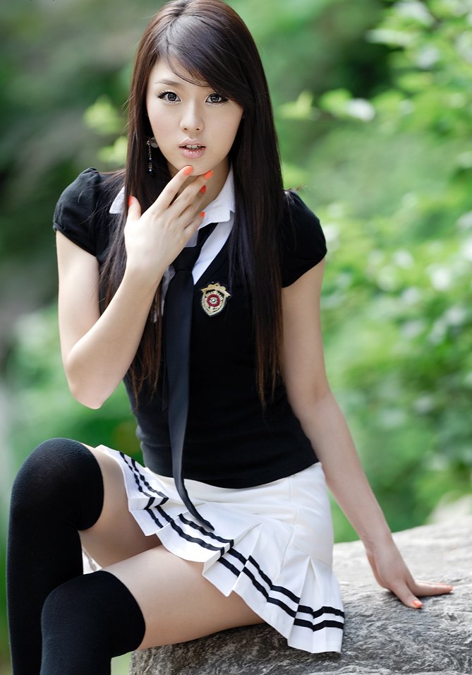 hwang mi hee, off-topic, photo (medium), 1girl, asian, brown eyes, brown hair, cosplay, female focus, kneehighs, nail polish, school uniform, serafuku, sitting, socks, solo, thighhighs, twintails, zettai ryouiki