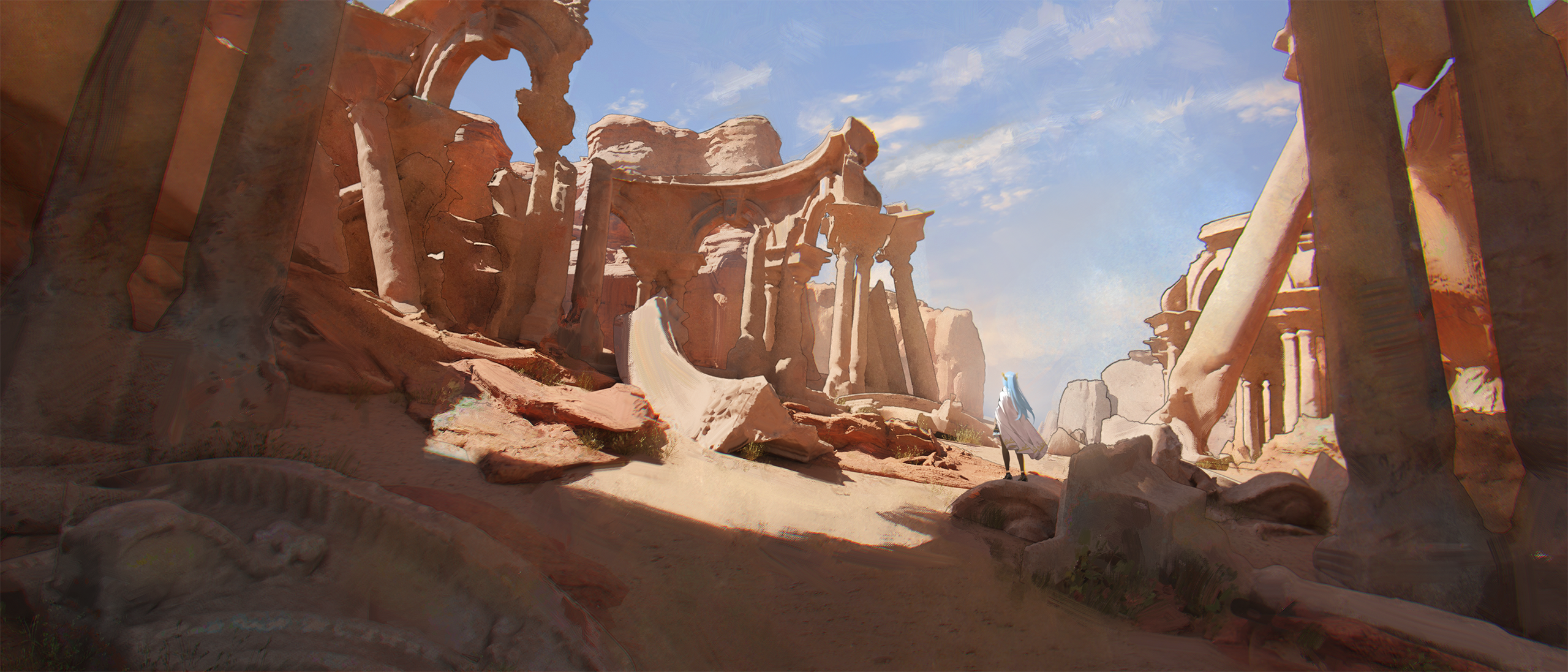 original, commentary, highres, symbol-only commentary, 1girl, blue hair, blue sky, chromatic aberration, cloak, cloud, column, day, desert, from behind, long hair, outdoors, pillar, ruins, scenery, sky, solo, standing, sunlight, ten ken (s777666888), very wide shot, white cloak