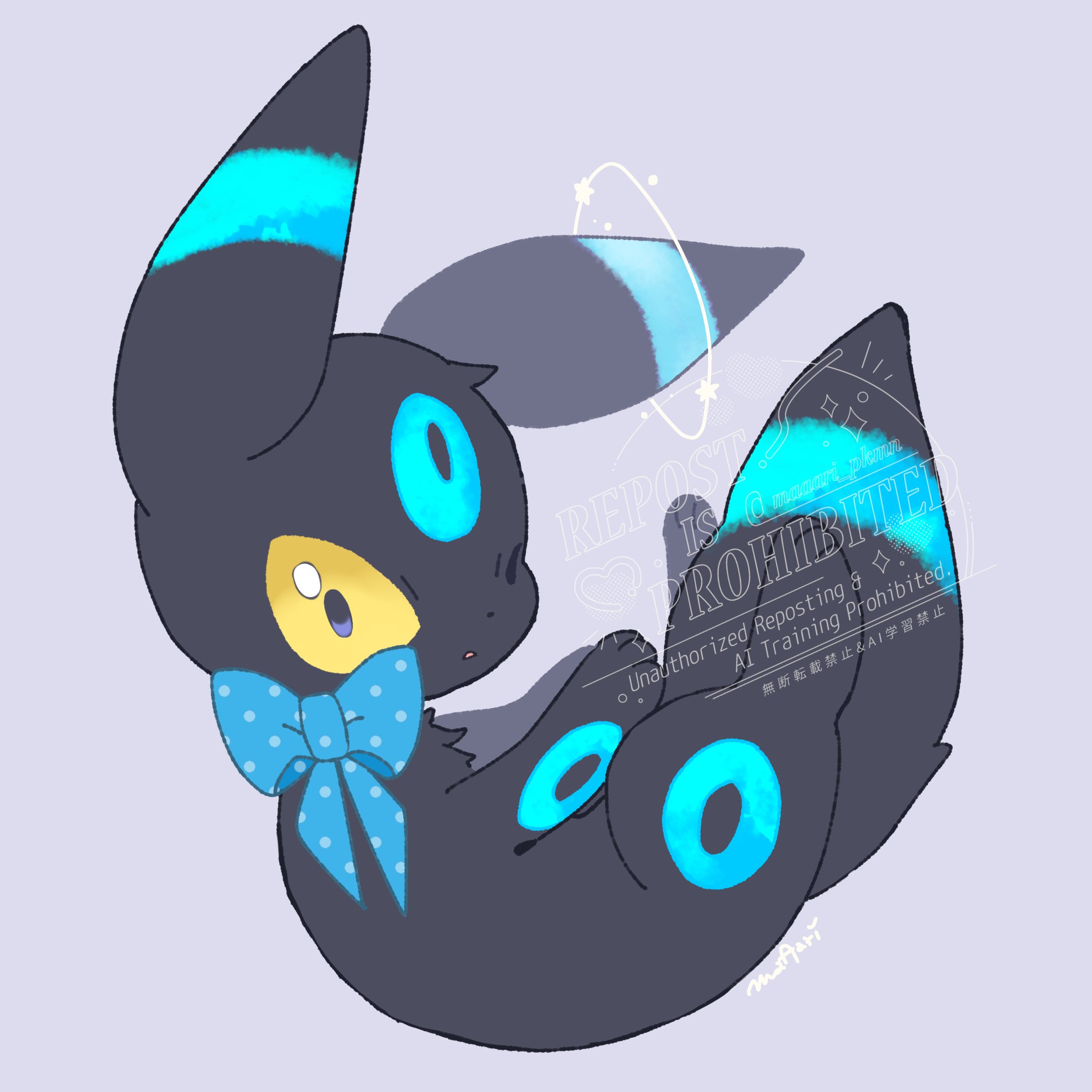 maaari pkmn, umbreon, nintendo, pokemon, commentary, highres, symbol-only commentary, alternate color, animal focus, artist name, bow, colored sclera, full body, gen 2 pokemon, no humans, open mouth, pokemon (creature), pokemon focus, purple background, shiny pokemon, simple background, solo, yellow sclera