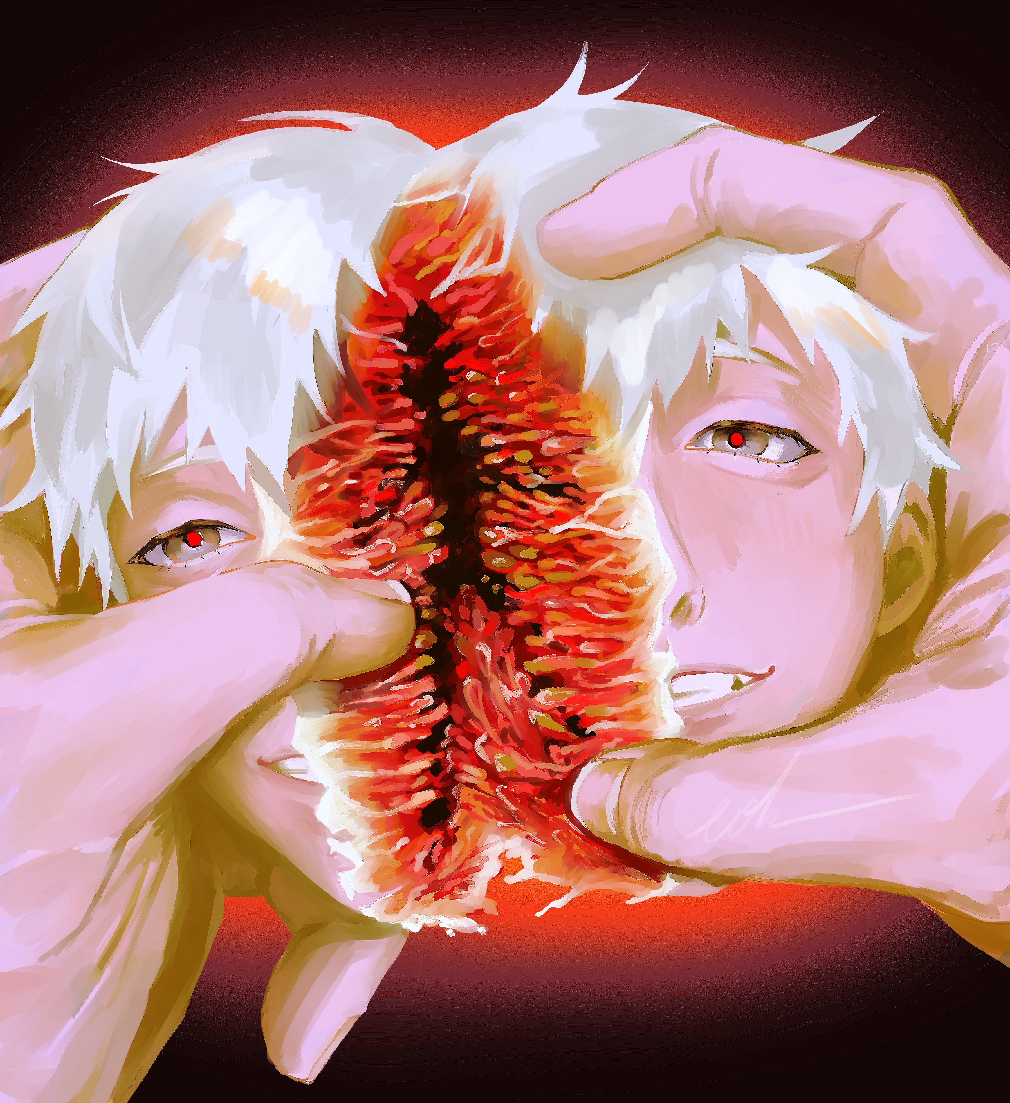 eohme, indou hikaru, hikaru ga shinda natsu, absurdres, highres, 1boy, 1other, fig, food, fruit, grey eyes, grin, holding, holding food, holding fruit, male focus, red background, red pupils, short hair, smile, white hair