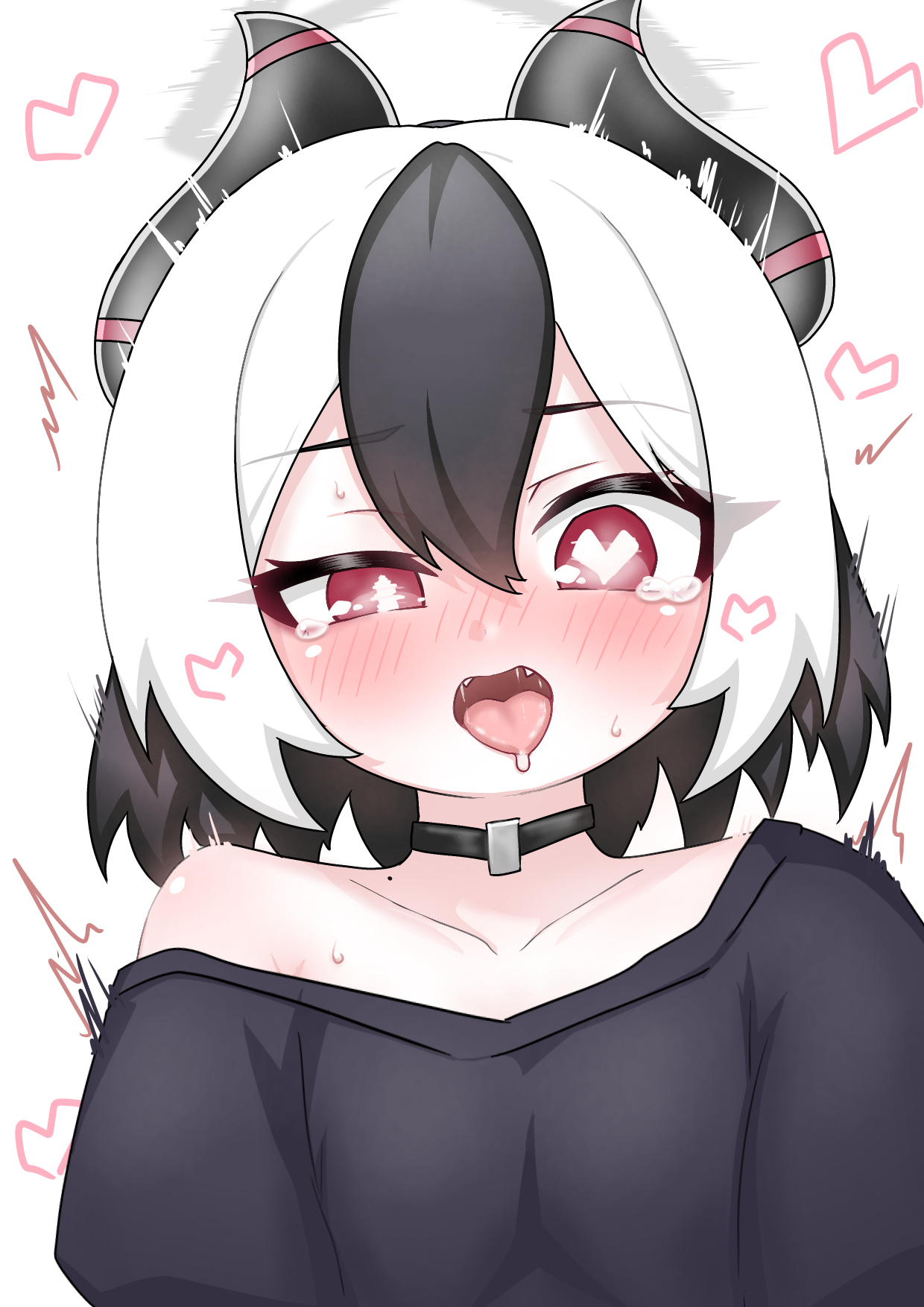 tomimon, kayoko (blue archive), blue archive, commentary request, highres, 1girl, black hair, black shirt, blush, breasts, fangs, hair between eyes, half-closed eye, halo, heart, heart-shaped pupils, horns, multicolored hair, nose blush, ohhoai, open mouth, red eyes, saliva, shirt, simple background, small breasts, solo, spasm, symbol-shaped pupils, tears, tongue, tongue out, two-tone hair, upper body, white background, white hair