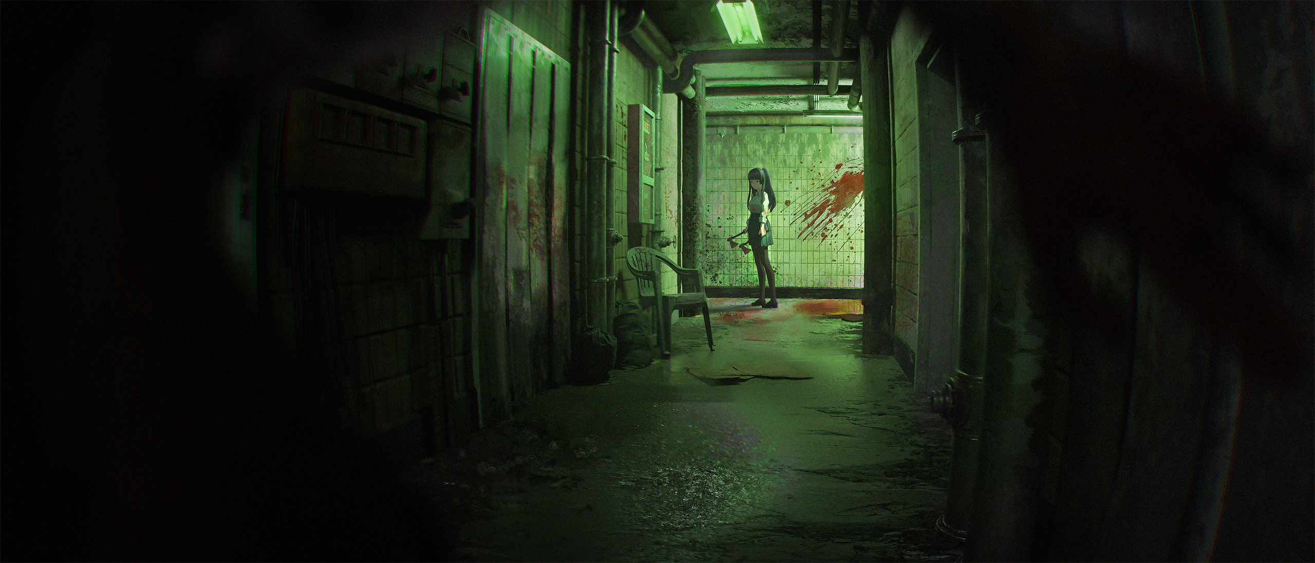 original, bilingual commentary, chinese commentary, commentary, english commentary, highres, mixed-language commentary, 1girl, 1other, arms at sides, axe, black hair, black skirt, blood, blood on wall, blood splatter, blurry, blurry foreground, chair, fluorescent lamp, hallway, holding, holding axe, implied murder, indoors, industrial pipe, long hair, out of frame, shirt, skirt, standing, ten ken (s777666888), white shirt