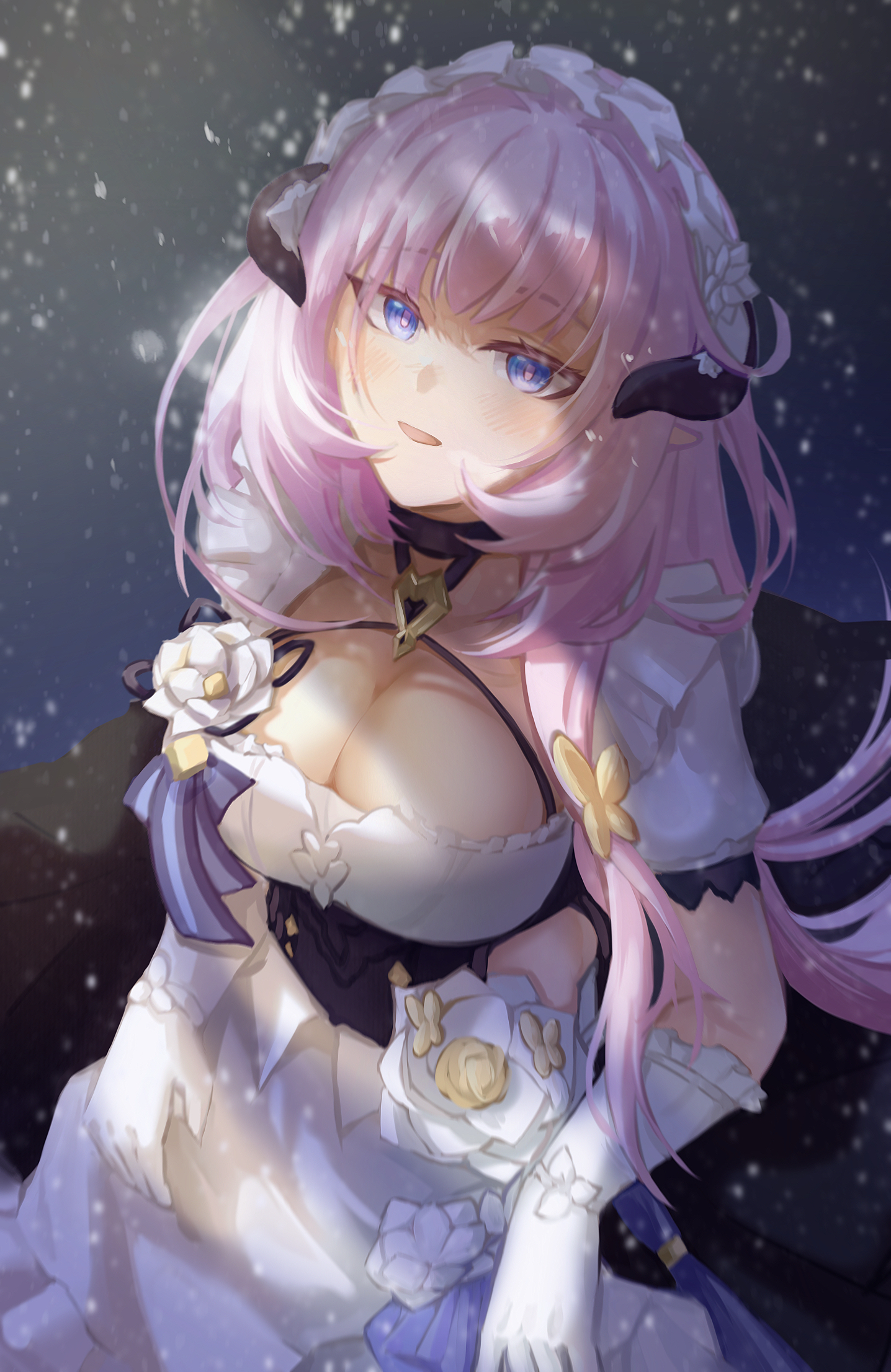 akashin, elysia (honkai impact), elysia (miss pink) (honkai impact), elysia (miss pink elf) (honkai impact), honkai (series), honkai impact 3rd, commentary request, highres, 1girl, apron, black dress, blue eyes, breasts, butterfly hair ornament, cleavage, dress, fake horns, gloves, hair ornament, horns, large breasts, long hair, looking at viewer, maid, maid apron, maid headdress, night, night sky, official alternate costume, outdoors, parted lips, pink hair, sky, snowing, solo, very long hair, white apron, white gloves