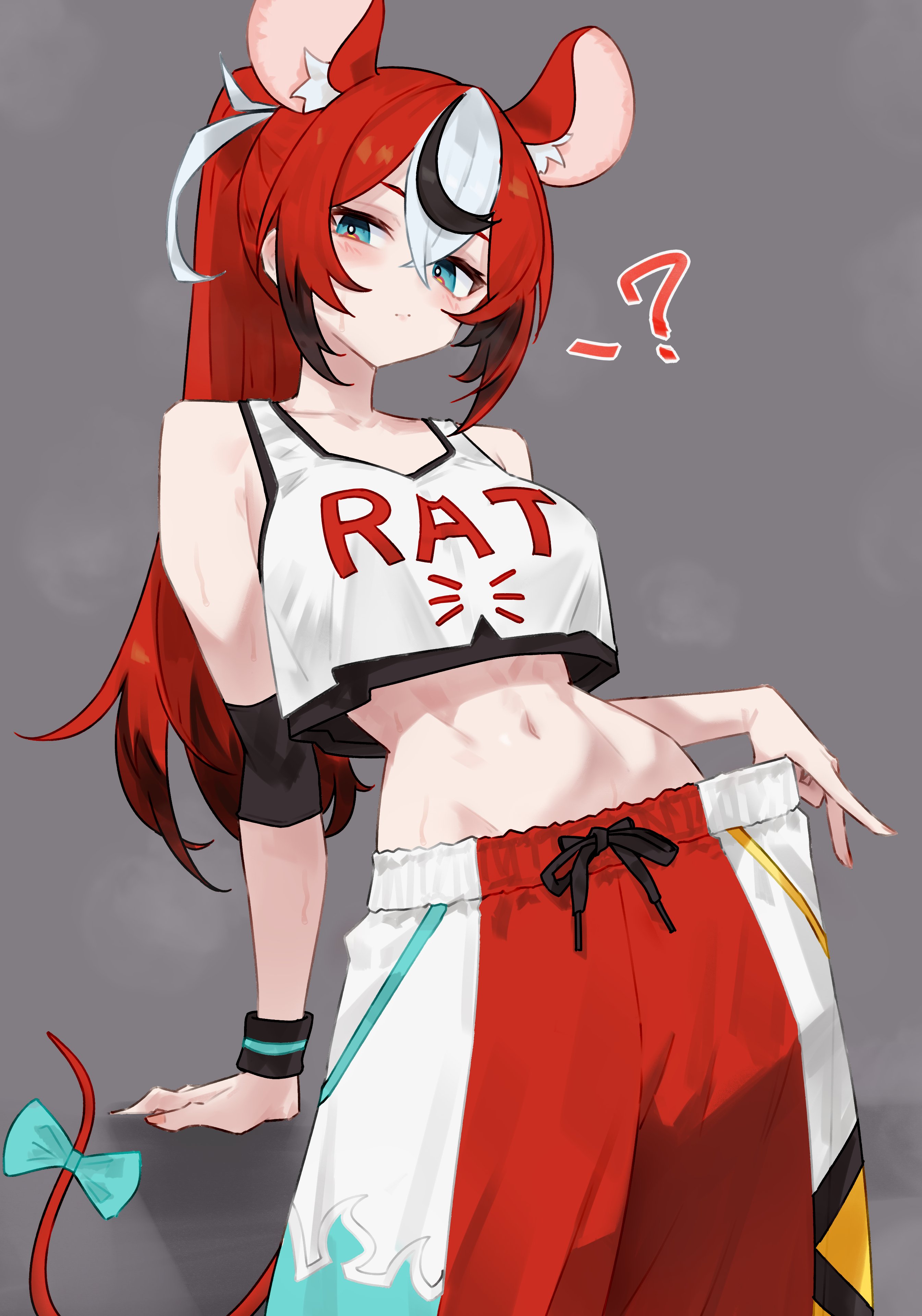 bluefield, hakos baelz, hololive, hololive english, absurdres, commentary, highres, symbol-only commentary, 1girl, ?, alternate costume, animal ears, black hair, blue eyes, bow, breasts, closed mouth, clothes writing, colored tips, crossed bangs, double-parted bangs, extra ears, grey background, hair between eyes, long hair, looking at viewer, medium breasts, midriff, mouse ears, mouse girl, mouse tail, multicolored hair, multicolored shorts, navel, ponytail, print tank top, red hair, red shorts, shorts, simple background, solo, streaked hair, tail, tail bow, tail ornament, tank top, virtual youtuber, white hair, white shorts, white tank top