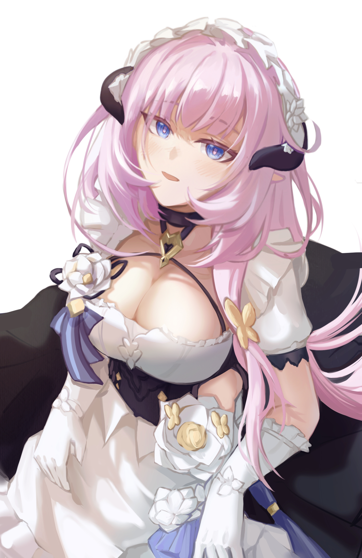 akashin, elysia (honkai impact), elysia (miss pink) (honkai impact), elysia (miss pink elf) (honkai impact), honkai (series), honkai impact 3rd, commentary request, highres, 1girl, apron, black dress, blue eyes, breasts, butterfly hair ornament, cleavage, dress, fake horns, gloves, hair ornament, horns, large breasts, long hair, maid, maid apron, maid headdress, official alternate costume, parted lips, pink hair, simple background, solo, very long hair, white apron, white background, white gloves