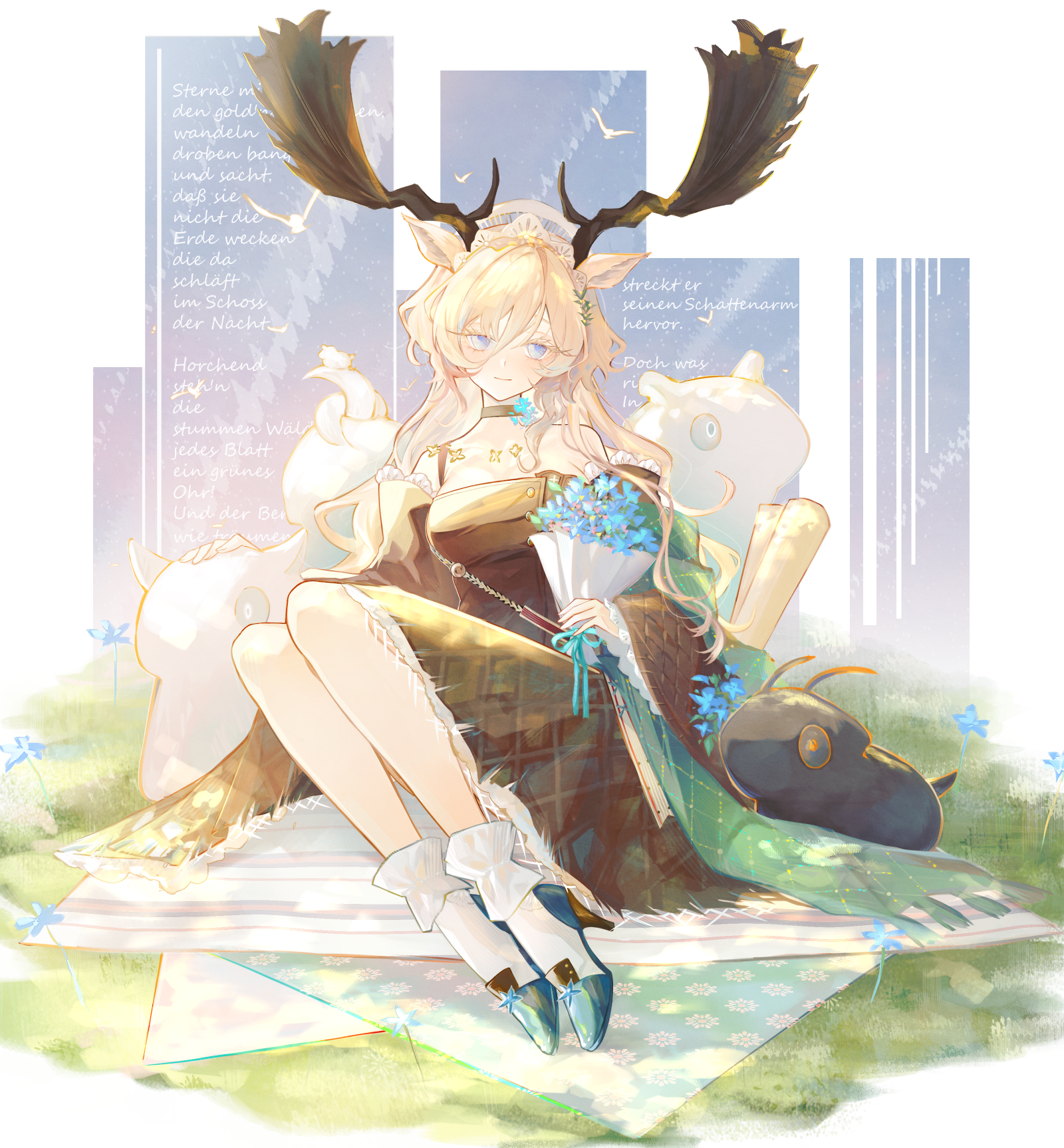 yumeji poni, viviana (arknights), viviana (sent from ognisko) (arknights), arknights, commentary request, highres, paid reward available, partial commentary, translation request, 1girl, animal ears, ankle socks, antlers, aqua ribbon, aqua shoes, bare shoulders, blonde hair, blue flower, bouquet, breasts, brown choker, brown dress, choker, closed mouth, dress, flower, full body, german text, grass, hair between eyes, high heels, holding, holding bouquet, horns, lace-trimmed sleeves, lace trim, large breasts, light smile, long bangs, long hair, long sleeves, off shoulder, official alternate costume, plant, purple eyes, ribbon, shoes, simple bird, sitting, socks, solo, white socks, wide sleeves