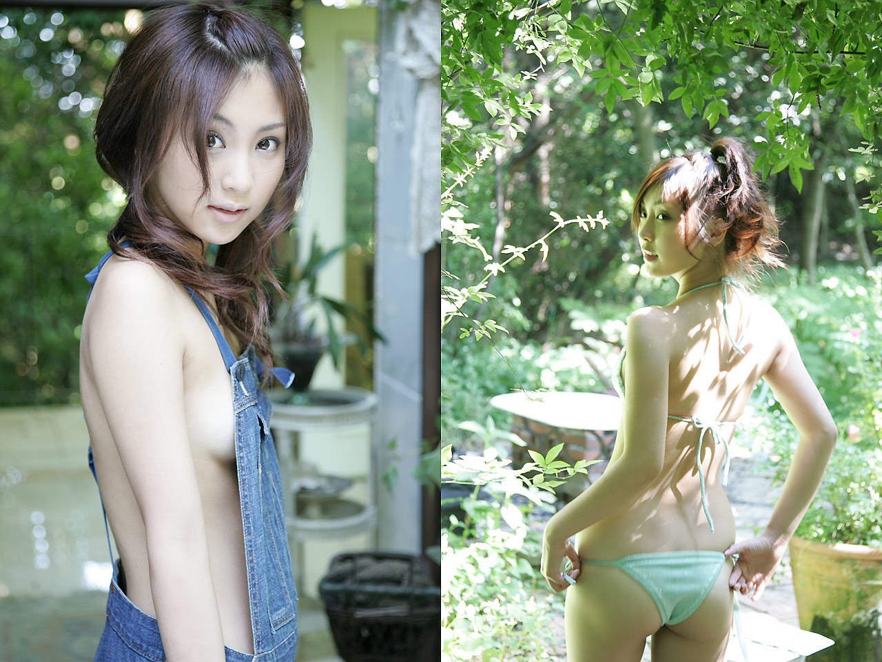 tatsumi natsuko, photo (medium), bikini, breasts, no shirt, overalls, side-tie bikini bottom, sideboob, swimsuit