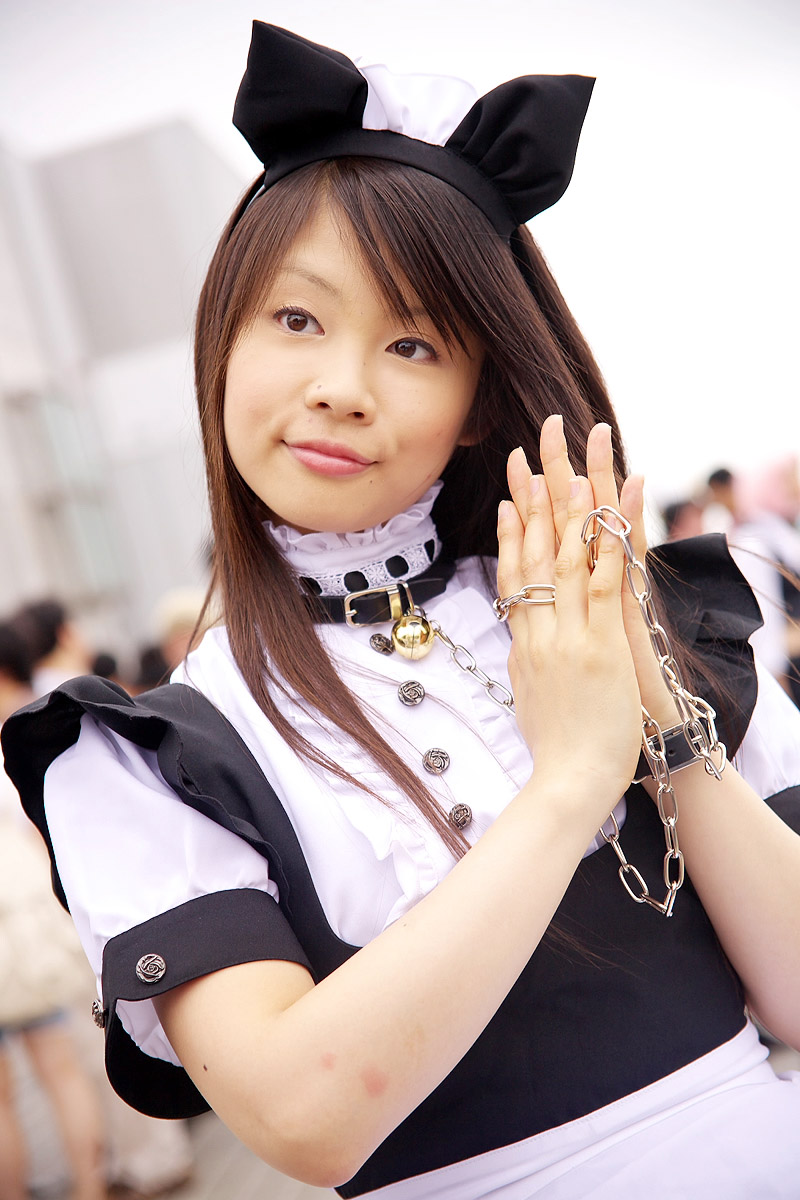 pochi (model), highres, photo (medium), animal ears, apron, cat ears, collar, cosplay, leash, maid, maid apron