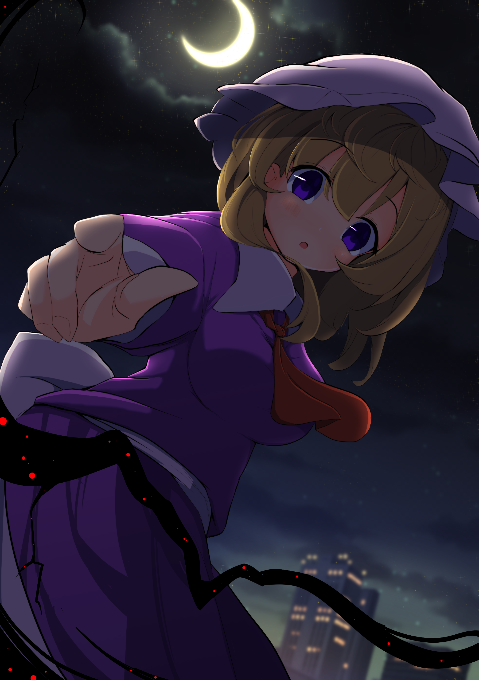 nagaresimasu, maribel hearn, touhou, absurdres, highres, 1girl, blonde hair, blush, breasts, city, cloud, crack, dress, gap (touhou), hat, mob cap, moon, neckerchief, night, night sky, outstretched hand, purple dress, purple eyes, raised eyebrows, red neckerchief, sash, sky, solo