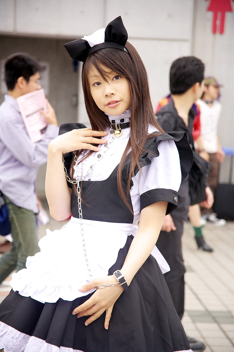 pochi (model), highres, photo (medium), animal ears, apron, cat ears, collar, cosplay, leash, maid, maid apron